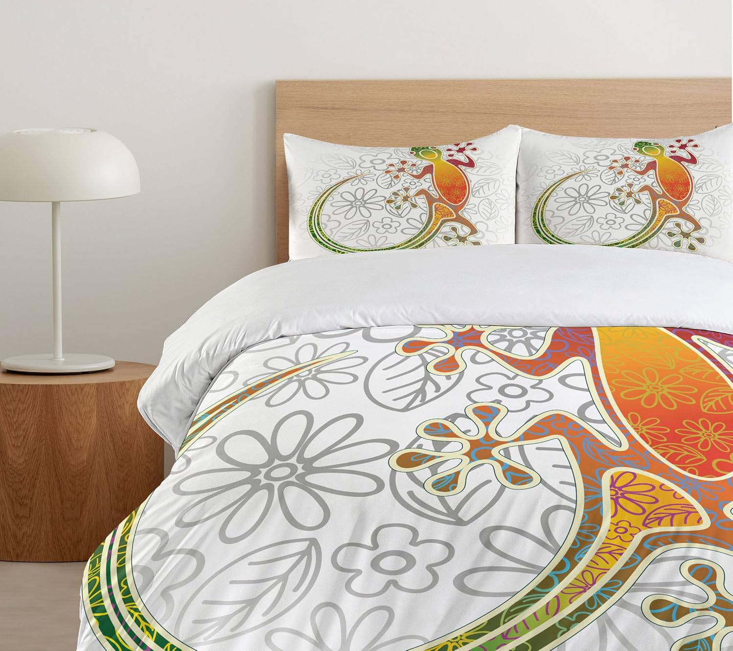 Ambesonne Batik Duvet Cover Set, Native Southeast Common House Gecko Moon Lizard Tropical Monster Graphic Design, Decorative 3 Piece Bedding Set with 2 Pillow Shams, King Size, Orange White King Orange White