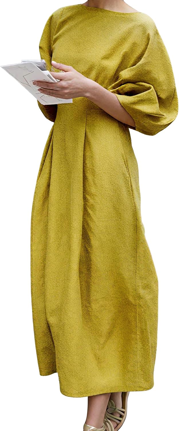oshoplive Women's Vintage Linen Midi Dress 2025 Puff Sleeves Crew Neck Empire Waist Casual Dresses with Pockets