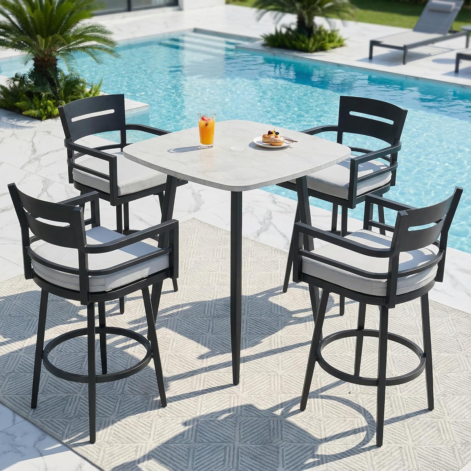NICESOUL Aluminum Outdoor Bar Set, 5 Piece Bar Height Patio Table and Chairs with Marble Top, All-Weather Outdoor Furniture High Top Table and Chairs Set of 4, Tall Table with Stools for Deck Outside