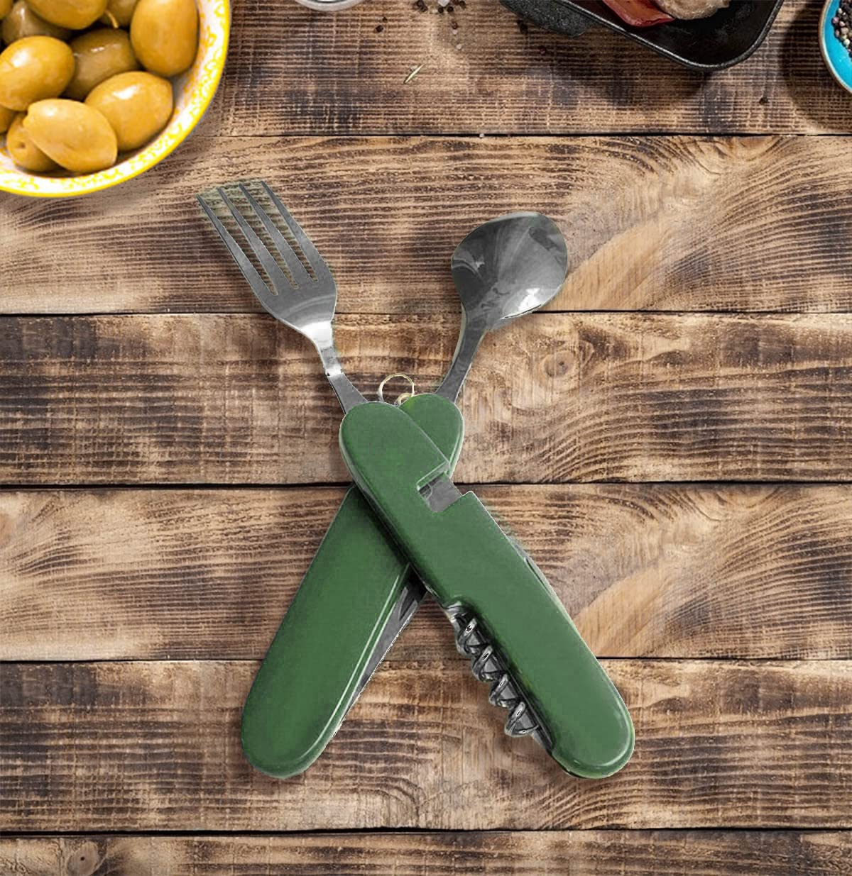 Set 2 Posate Da Campeggio Pieghevoli In Acciaio Inox - Coltello, Forchetta, Cucchiaio, Apribottiglie 5 In 1 - Foto 10