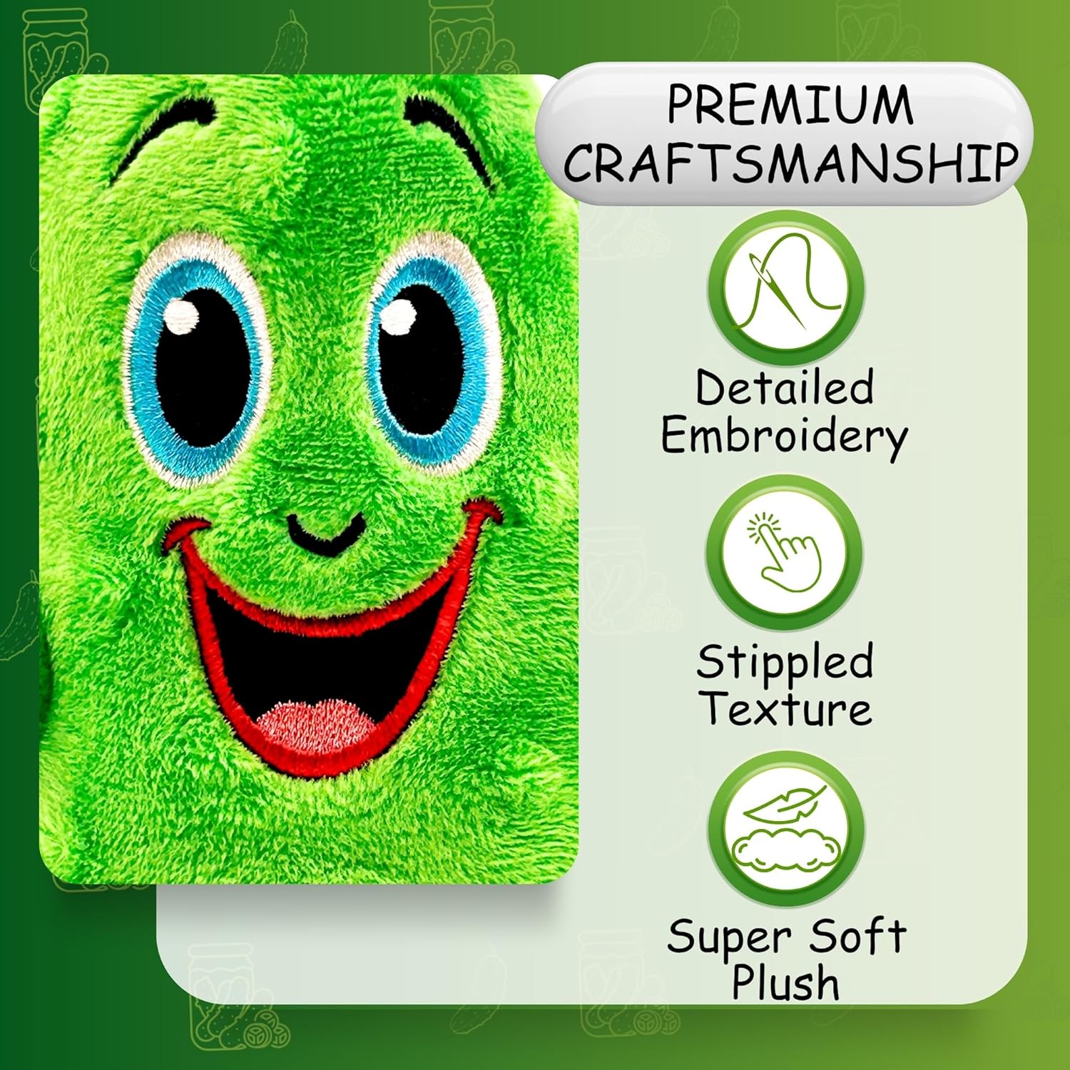 The GigglePickles - BrineStein 6” Plush Pickle - Shake for Giggle Sound (No Batteries) - Embroidered Funny Face - Textured Stipples, Top Loop for Backpack/Keychain - Collectible Plush Toy for Kids 3+