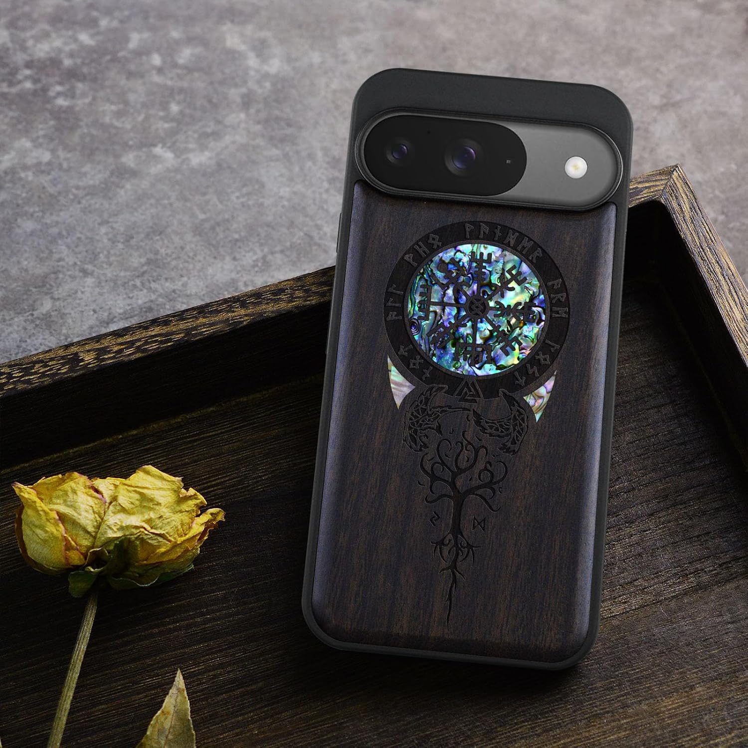 Carveit Magnetic Wooden Case for Google Pixel 9 Case, Wood Artisan Engraved & Handmade Shell Inlaid, Compatible with MagSafe Wireless Chargers, Viking Symbol - Blackwood