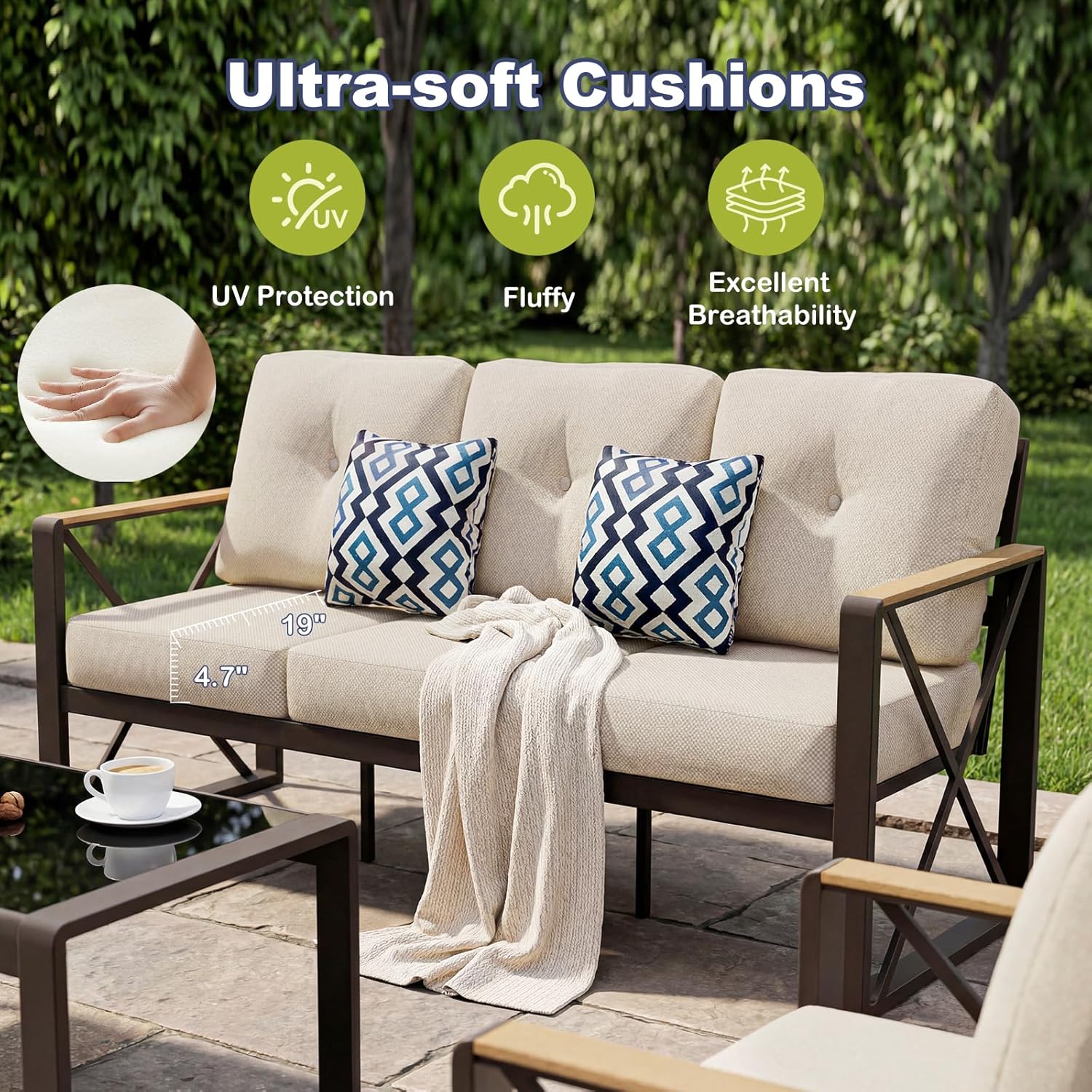 Aluminum Patio Furniture Set, 5 Piece Outdoor Metal Furniture Set w/Rocking Swivel Chairs, 7 Seats Balcony Conversation Sets with Coffee Table, Thick Cushions for Backyard, Poolside, Beige