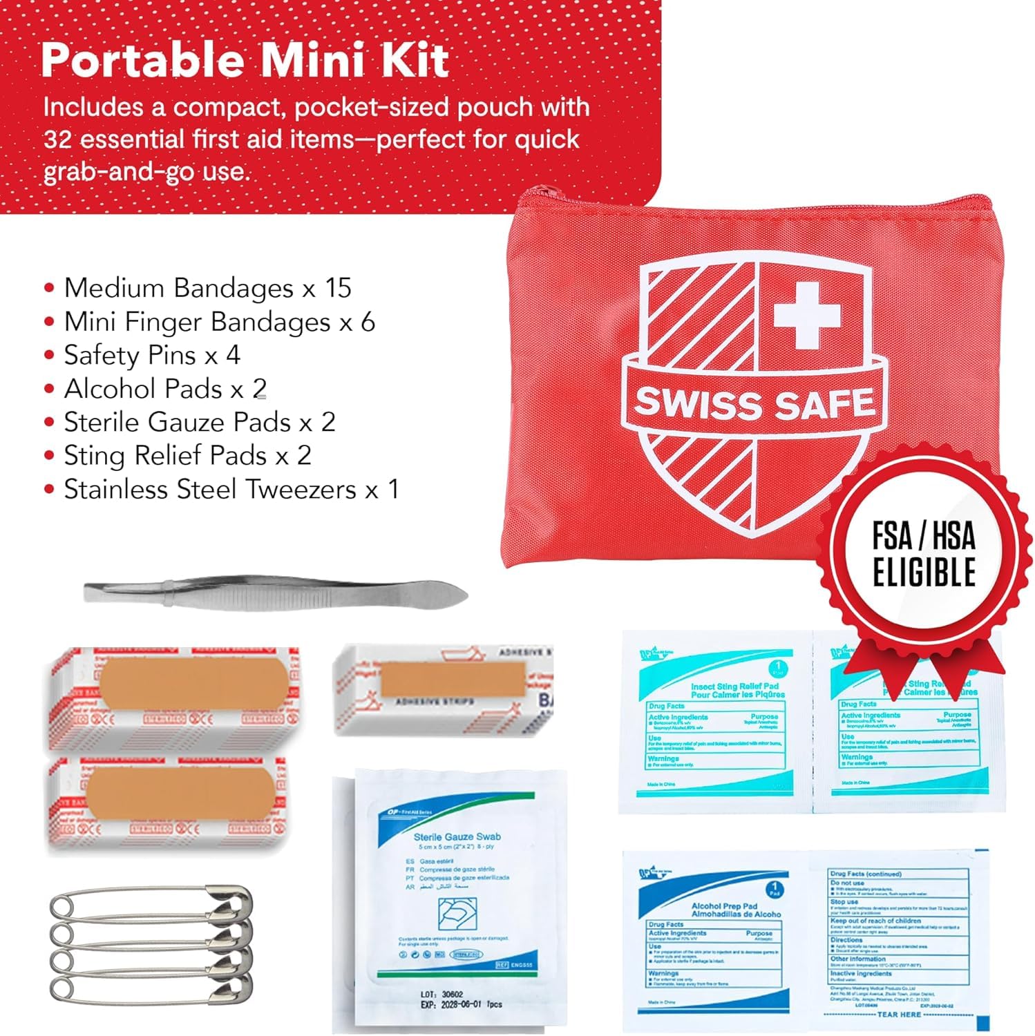 Swiss Safe Kit di pronto soccorso 2 in 1 per auto, viaggi, casa e lavoro, include mini kit per emergenze mediche, campeggio e sopravvivenza all'aperto, 348 pezzi, custodia rigida grande, confezione da