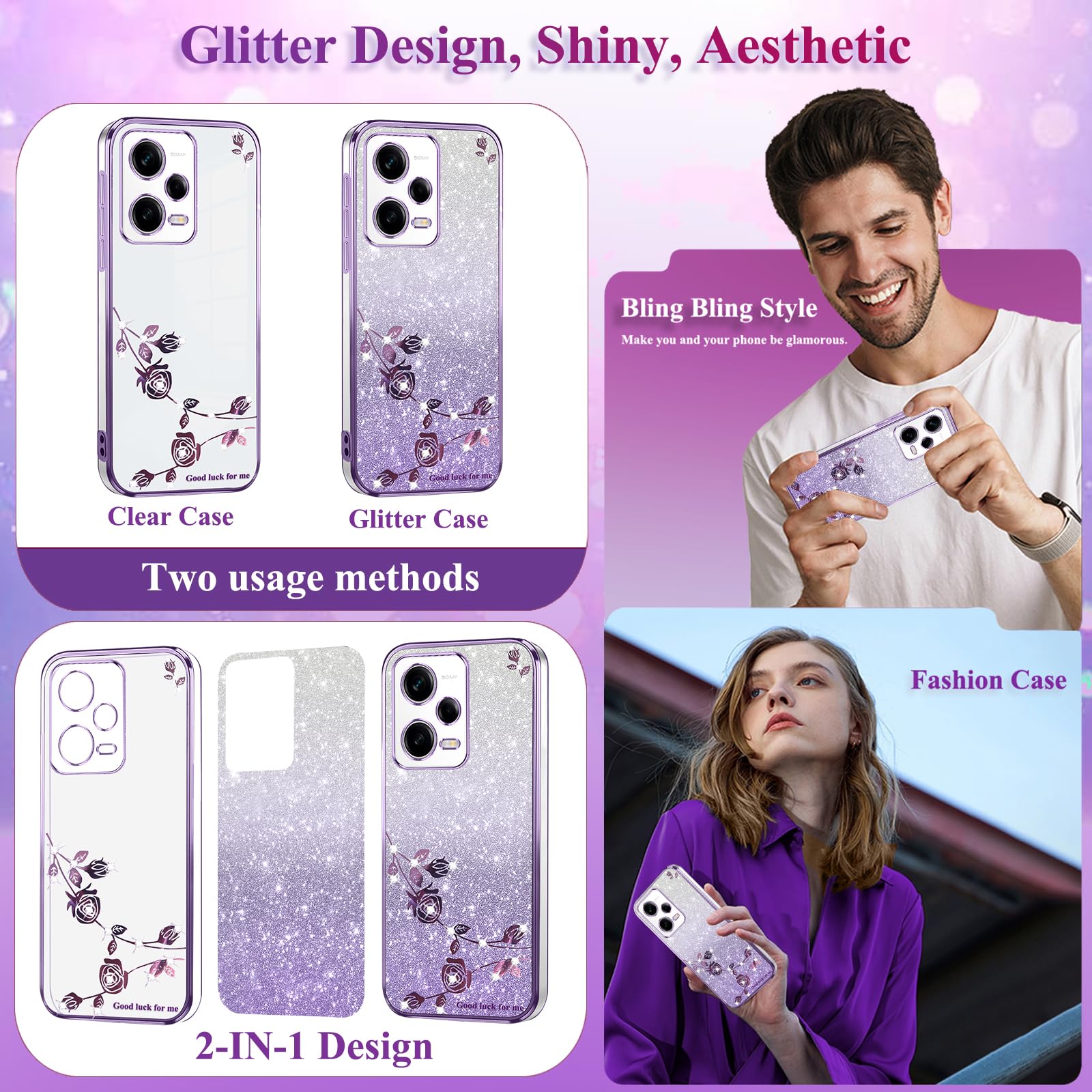 Xiaomi Redmi 10 Hülle – Glitzer Case Mit Blumen & Diamanten, Transparent & Stoßfest | Silikon Weich, Mit Abnehmbarem Glitzerpapier