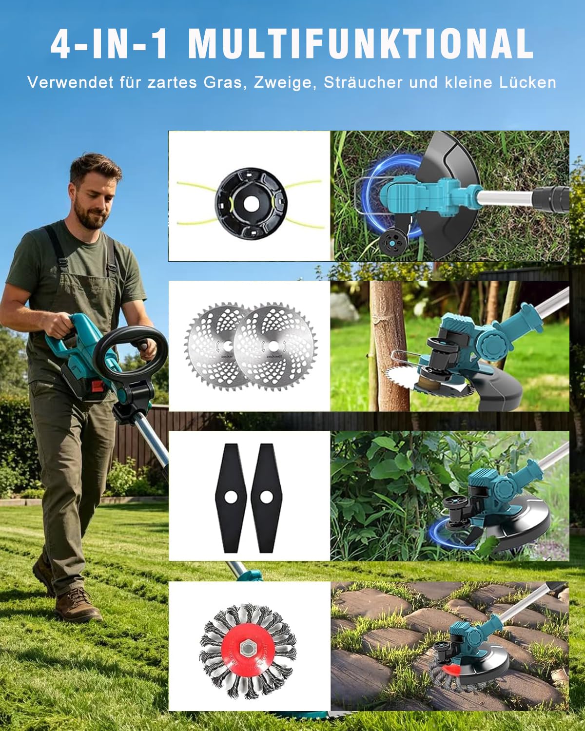 Rasentrimmer mit Akku Für Makita, 4 in 1 Akku Rasentrimmer Mit 4 Arten Klingen Und 2 Akku, 21V Bürstenloser Akku Freischneider Mit Seitlichen RäDern FüR Einfaches Trimmen Der Kanten. (Blue)