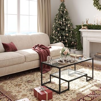 42 Rectangular Glass Coffee Table for Living Room, 2-Tier Center Tea Table with Metal Frame for Small Space, Apartment, Office (Black)
