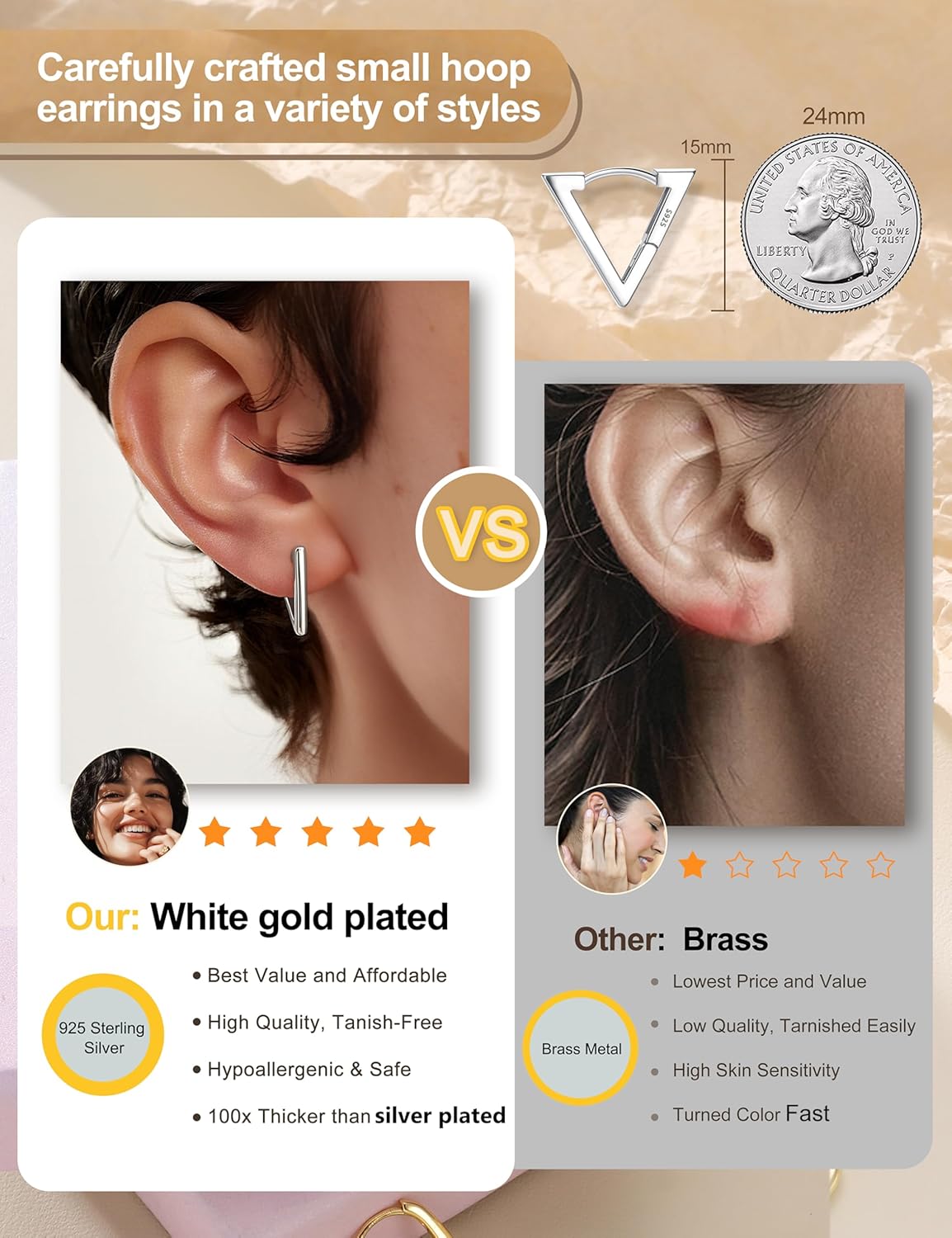 MILACOLATO Solid 925 Sterling Silver Small Hoop Earrings for Women 14K Gold Filled Geometric Huggie Hoop Earrings Hypoallergenic Triangle Rectangle Heart Star Oval Hoop Earrings for Women Trendy Jewelry Gifts - Image 2