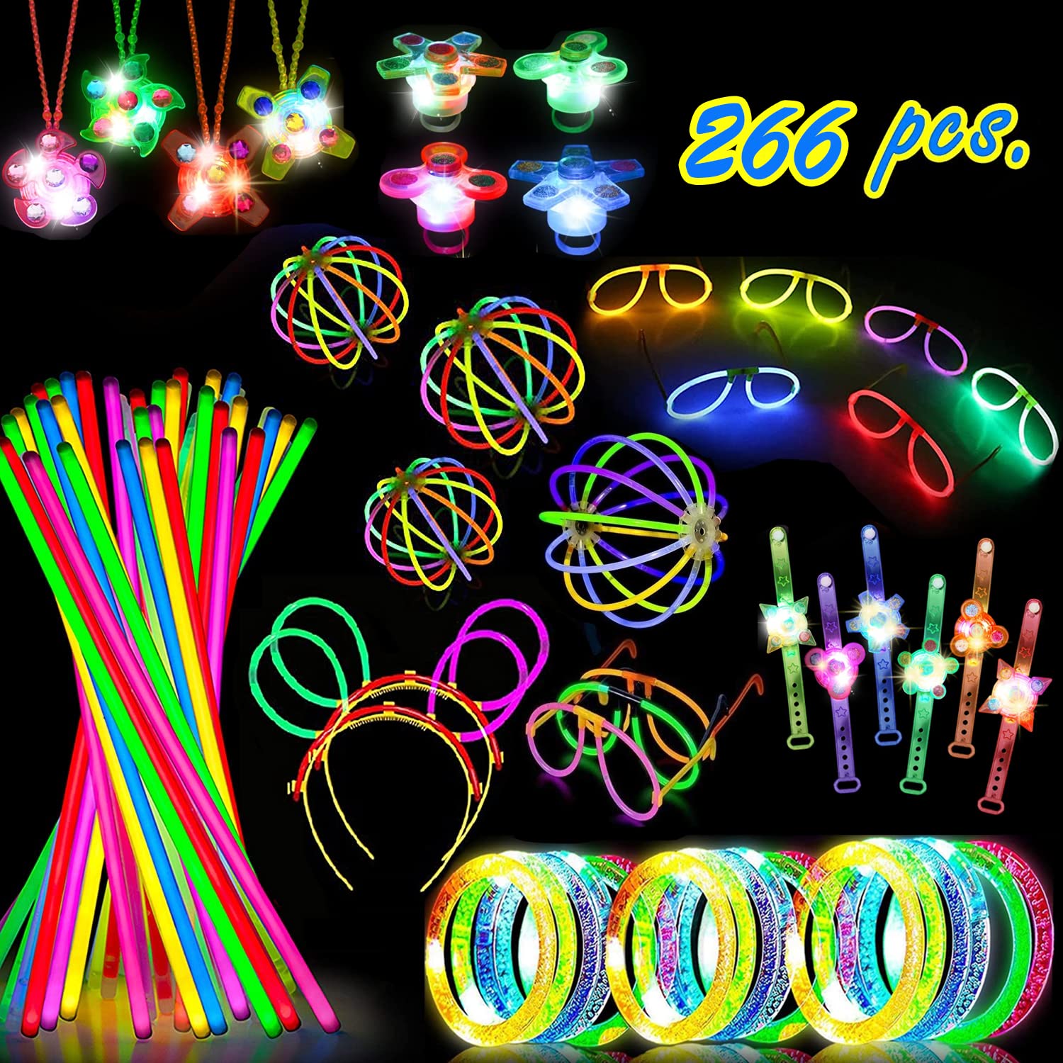 266PCS Glow Sticks set, Glow in the Dark Party Supplies Set,LED Light Up Toy Party Favors Glow In The Dark,Party Supplies Bulk For Adult Kids Birthday With Party Gift Bracelet Eyeglasses Balls Flowers
