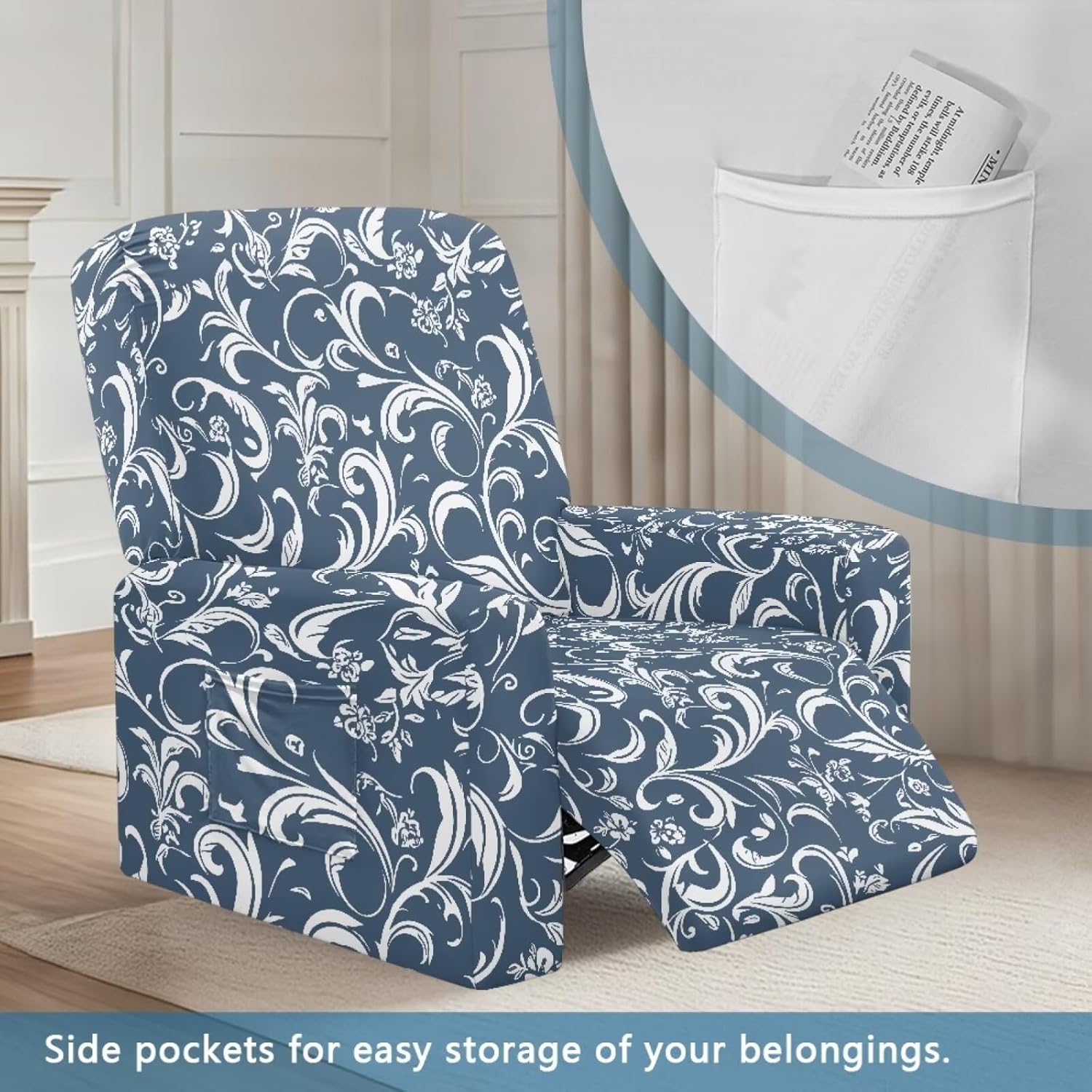 Recliner Cover Recling Chair Slipcover Retro Blue Flower Leaf Print Sofa Couch Covers 4 Pcs Breathable Furniture Protector for Lazy Boy Chair