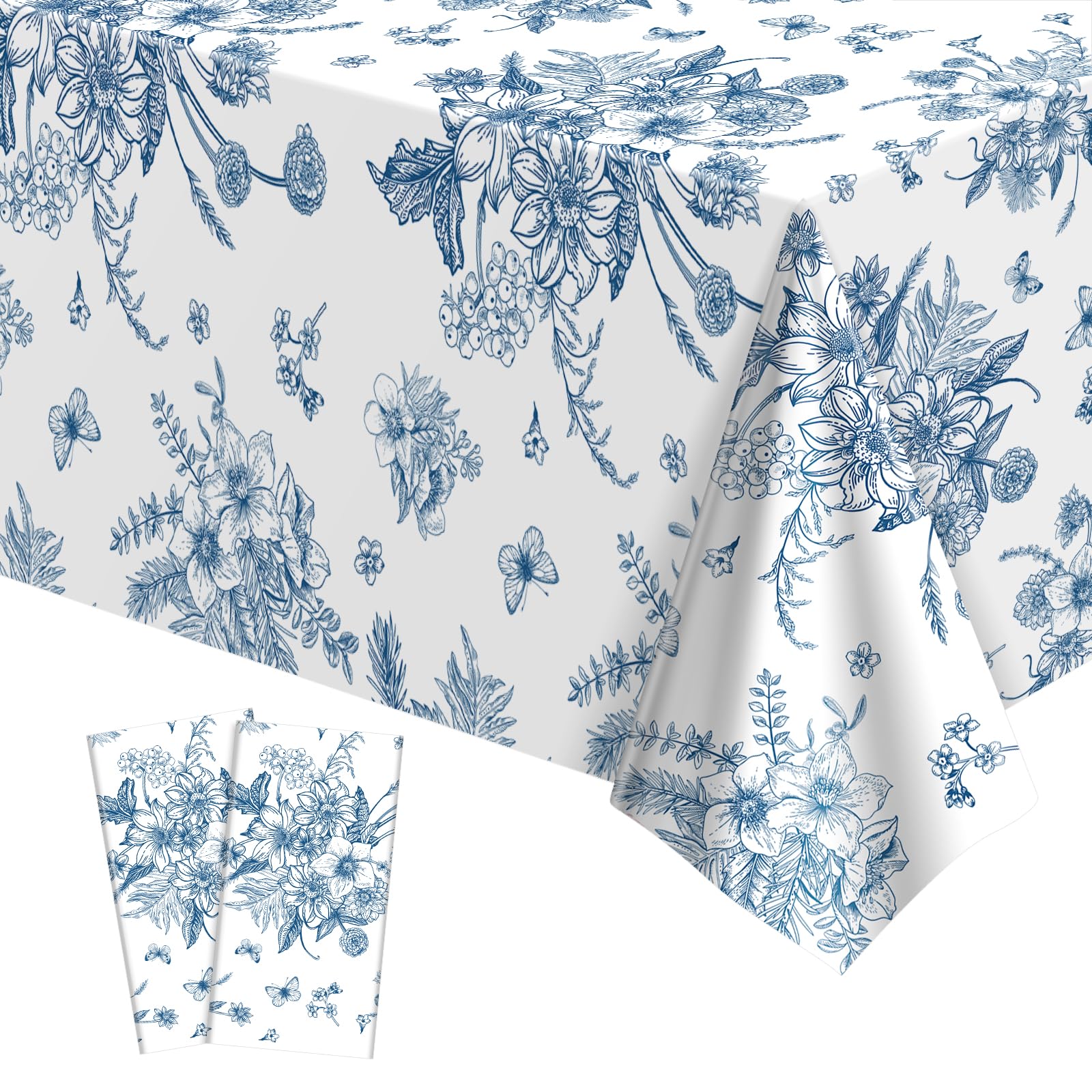 NatNarr 2 Pack Blue Floral Plastic Tablecloths, 137 X 274cm Tea Party Tablecloth Disposable Vintage Table Cloths Blue and White Porcelain Tables Decor for Birthday Garden Wedding Tea Party Supplies