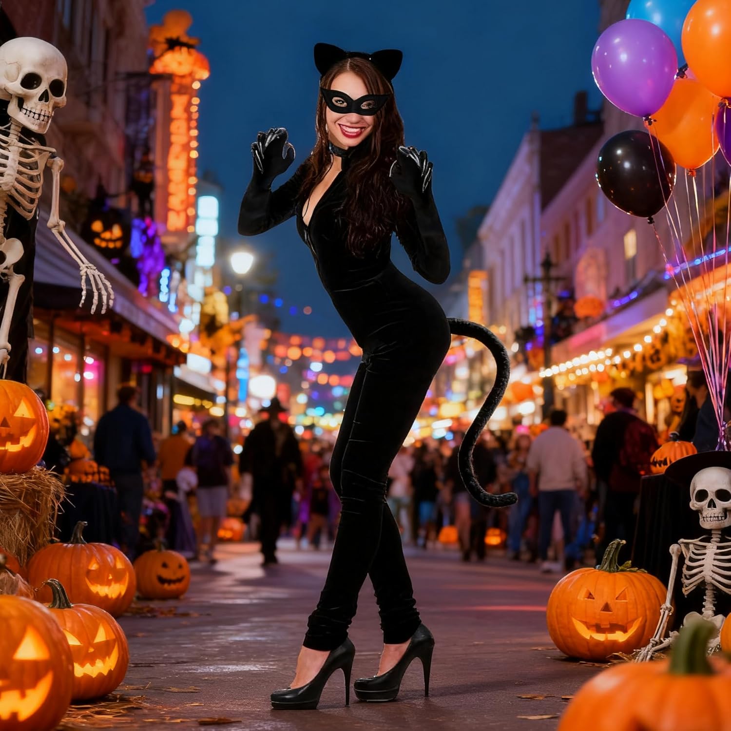 Halloween Cat Costume Accessories for Women, 5PCS Cute Black Cat Mask Ears and Tail Set, CatClaw Gloves Necklace for Adults Party Masquerade Cosplay - Image 6