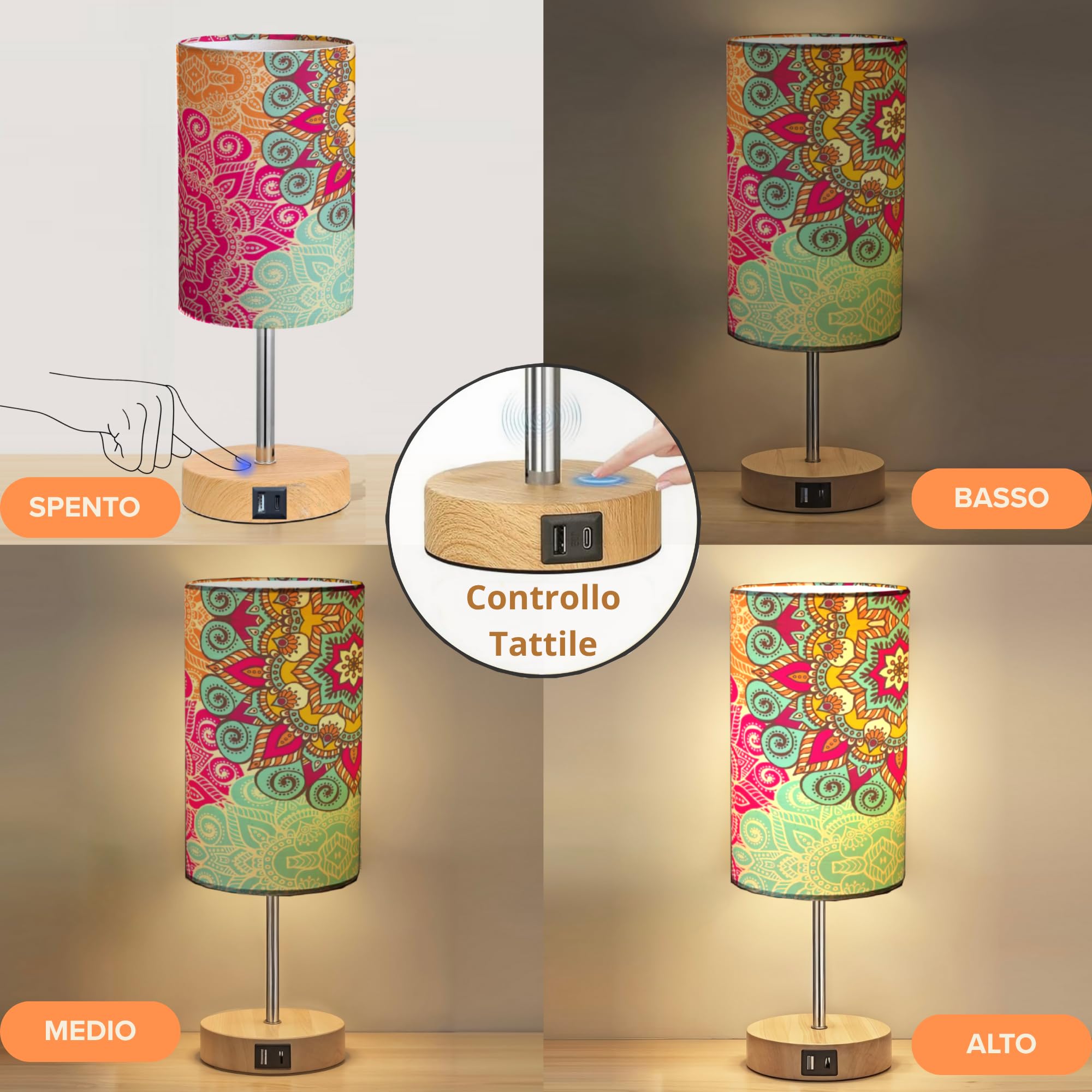Set 2 Lampade da Comodino Touch LED con Porta USB, Abat Jour Moderne Dimmerabili 3 Livelli, Lampade Camera da Letto o Salotto, Lampadine Incluse, Regalo Premium Design (2 pezzi Bohémien)