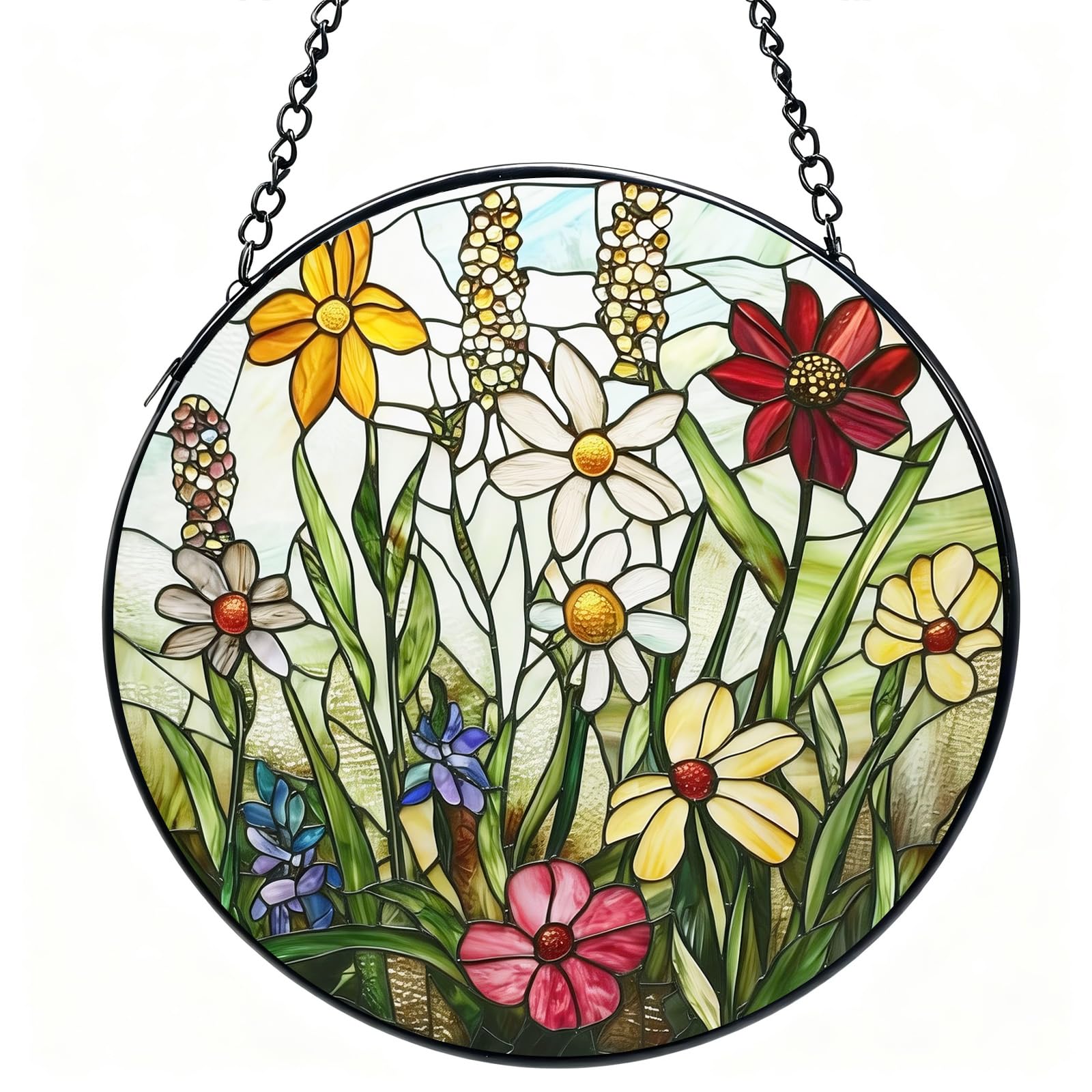 Stained Glass Window Hanging, 20cm Colorful Wildflowers Plant Scenery Suncatcher for Doors Window Home Spring Decor Mother's Day Birthday Gifts for Women, Men Mom