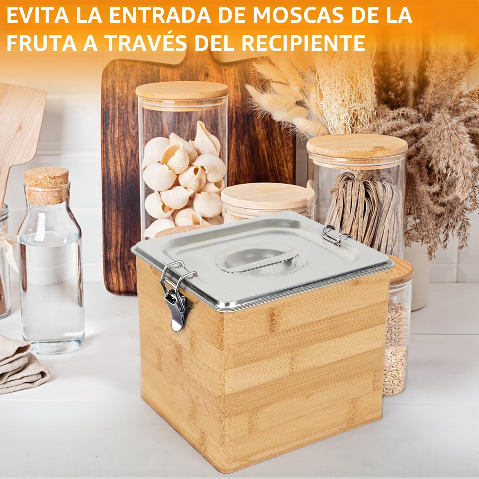 Cubo de compostaje de cocina de madera, recipiente a prueba de olores de acero inoxidable, organizador para restos de comida