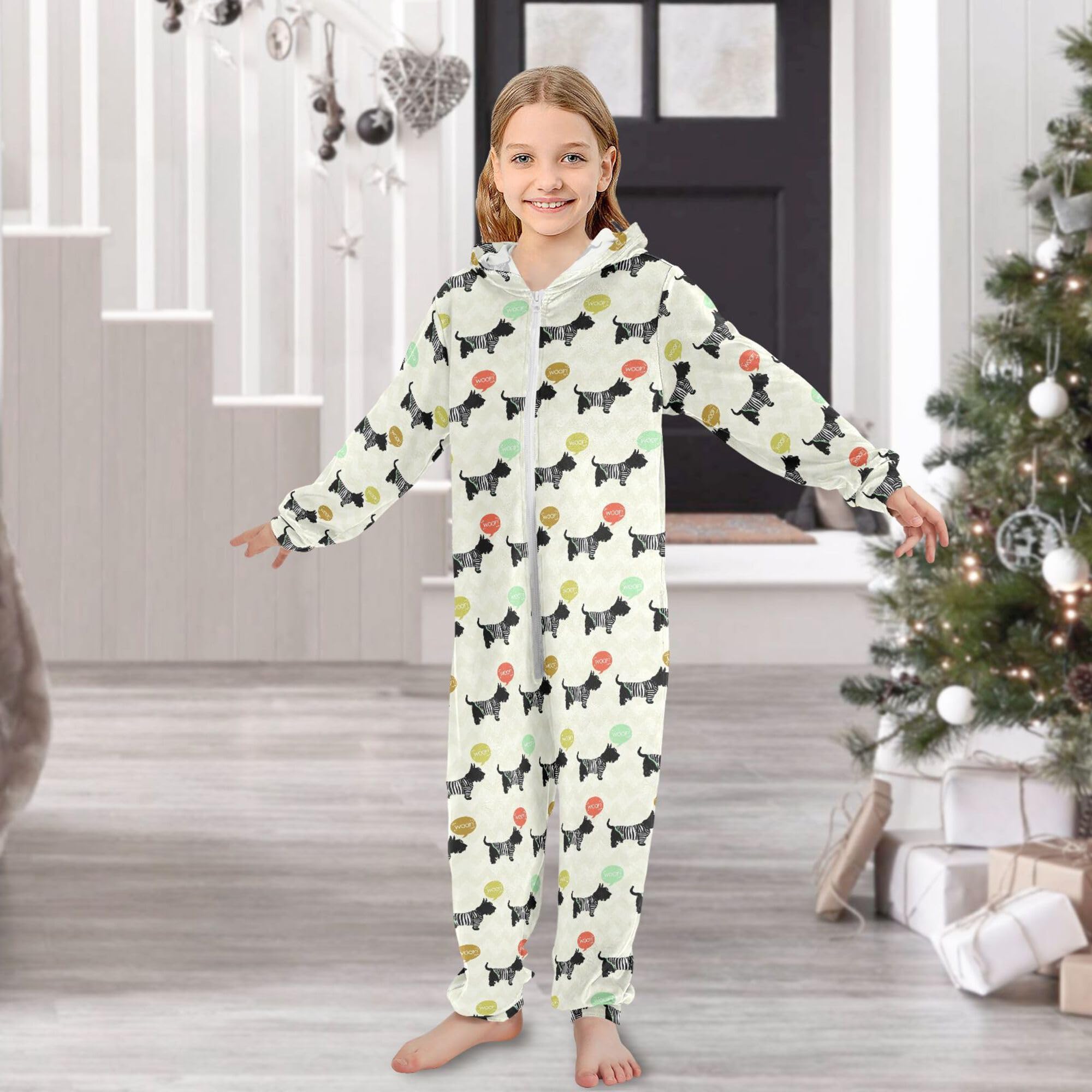 Pigiama intero in flanella con cappuccio e cerniera, tuta abbinata per bambini e gatti, bella da indossare con occhiali, morbida e calda, abbigliamento sportivo per la casa, 5-6T