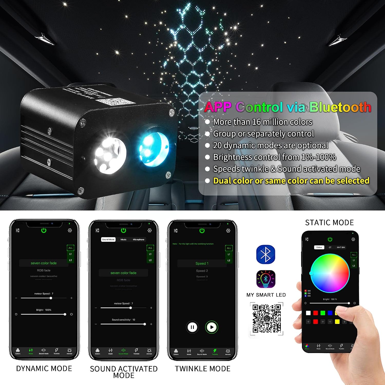ATOKEE 20W Dual Color Dual Head Fiber Optic Light Box for Starlight Headliner, Twinkle Effect & Music Mode, Bluetooth App/RF Remote Control, Car Plug & Power Adapter, PG Connector & 3 Drill Bits
