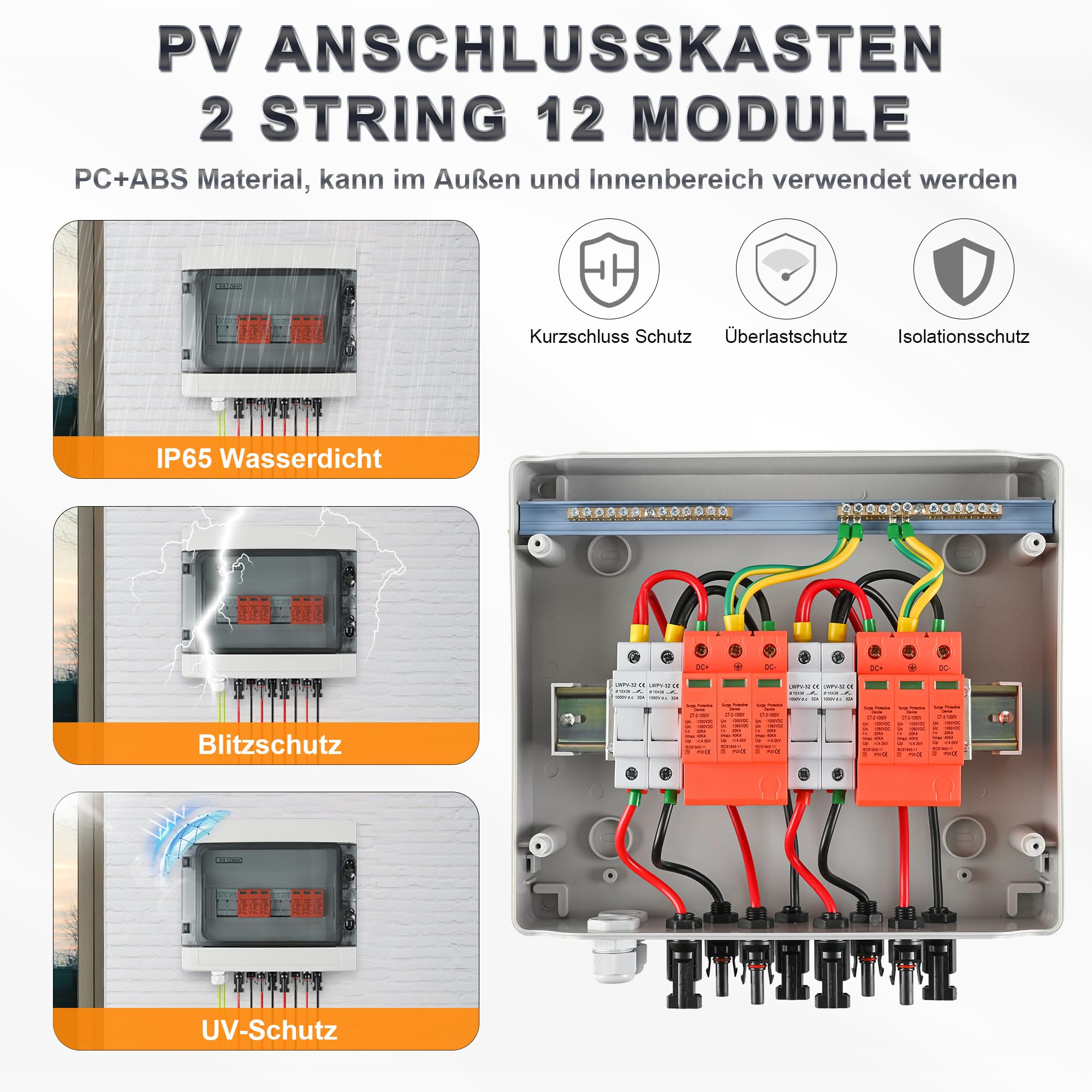 Warmfay Protezione da sovratensione PV DC1000 V, protezione da fulmini, impianto PV 20-40 KA, protezione solare da sovratensione, 2 stringhe 12 moduli con fusibile 16, IP65, impermeabile e resistente