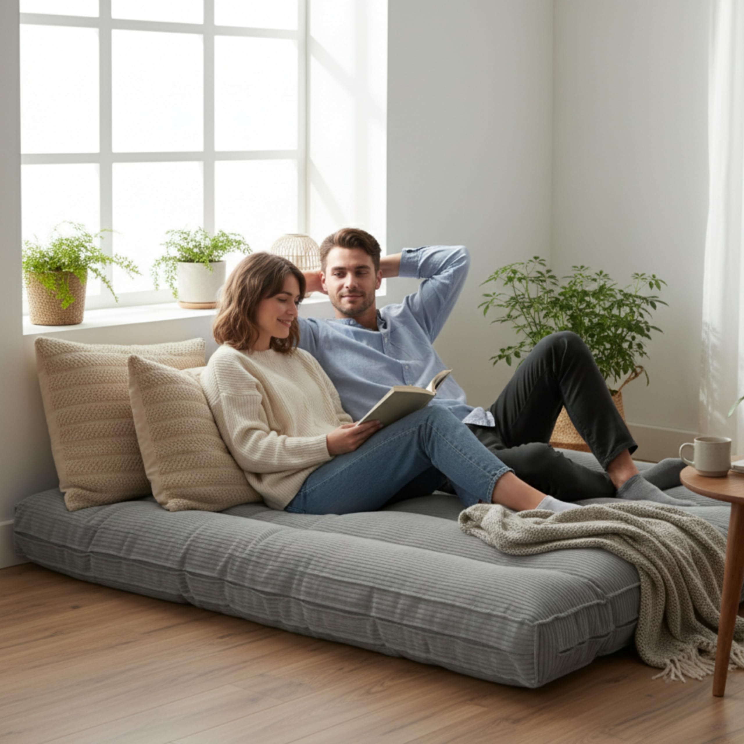 bananair Futon für 2 Personen - Dick & Bequem, Waschbarer Bezug, Ideal als Klappbare Bodenmatratze - Japanische Matratze, Aufbewahrungsgurt Enthalten (140 × 190 cm, Hellgrau)