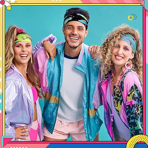 Miniatura 4 de 10 diademas de los años 80 y 90, accesorios para mujeres y hombres, diademas de entrenamiento retro de neón, bandas para el sudor, disfraces