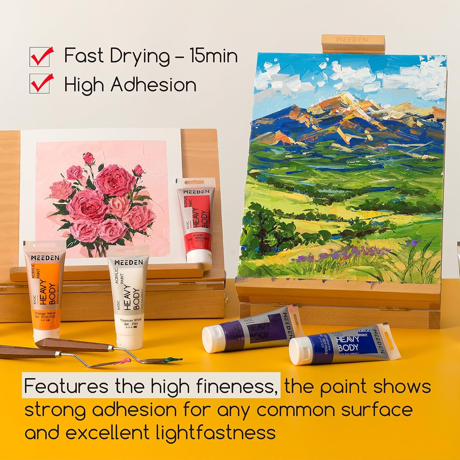 MEEDEN Heavy Body Acrylic Paint - Basic Satin Finish 12 x 60ml (2 oz) Color Paint Set for Adults - Rich Pigment Halloween Art Craft Paints for Fabric Rock Canvases Pumpkin Painting