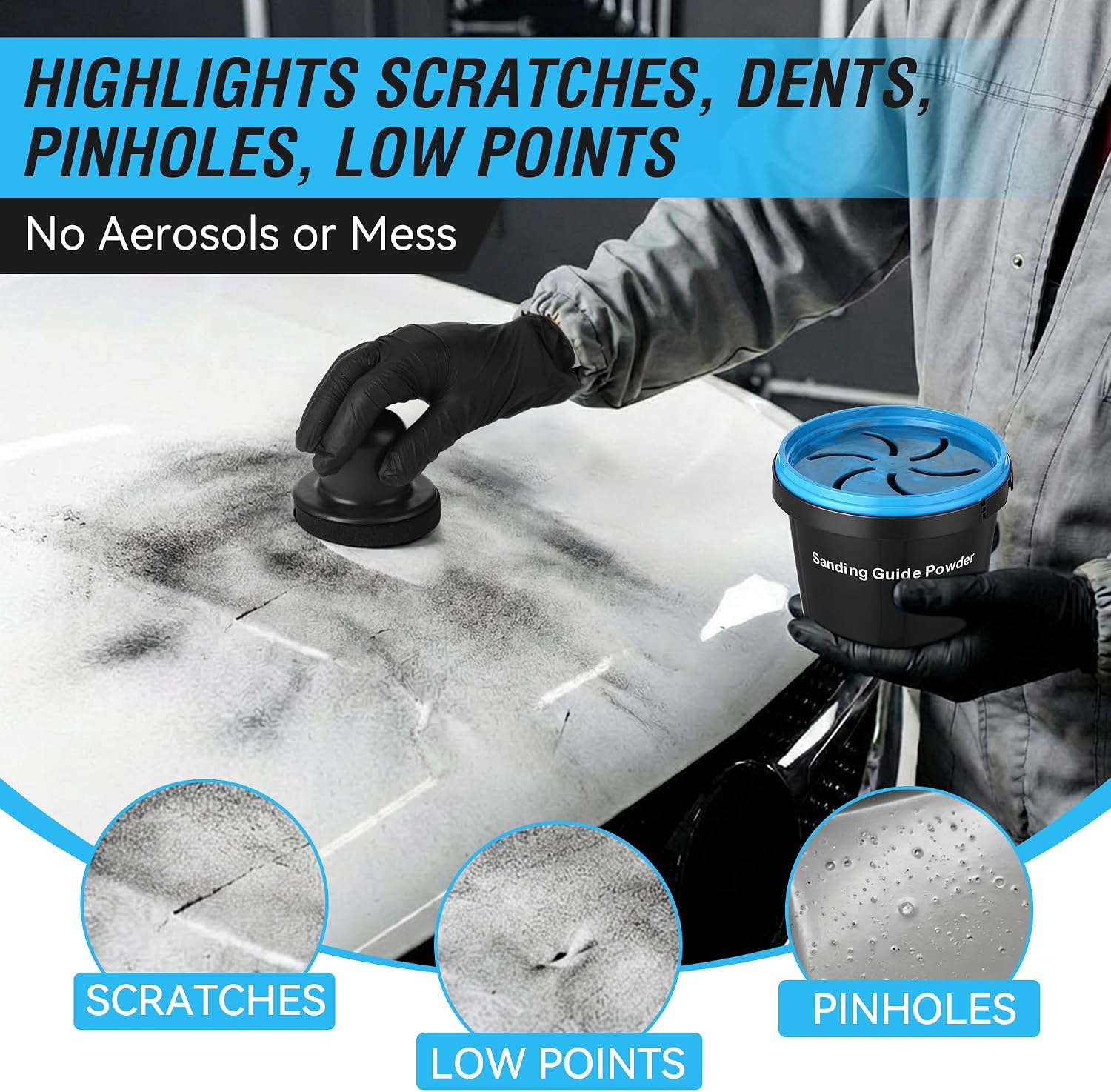 5.3 oz(150g) Black Dry Guide Coat Powder for Guide Coat Auto Body Sanding, Highlights Scratches & Low Spots, Works for Wet & Dry Sanding (Includes Clear Lid, Nitrile Gloves)(1 Pack)