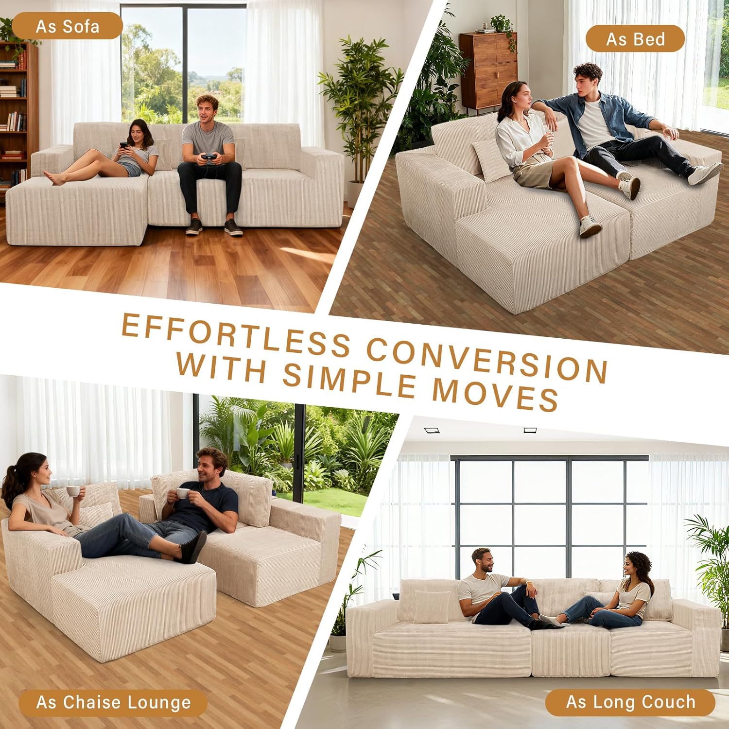 111" Boneless Couches for Living Room 3-Piece Cloud Couch Modular Sectional Deep Seat Compressed Couches for Living Room Bedroom Plush Corduroy Fabric No Assembly Required, Khaki - Image 6