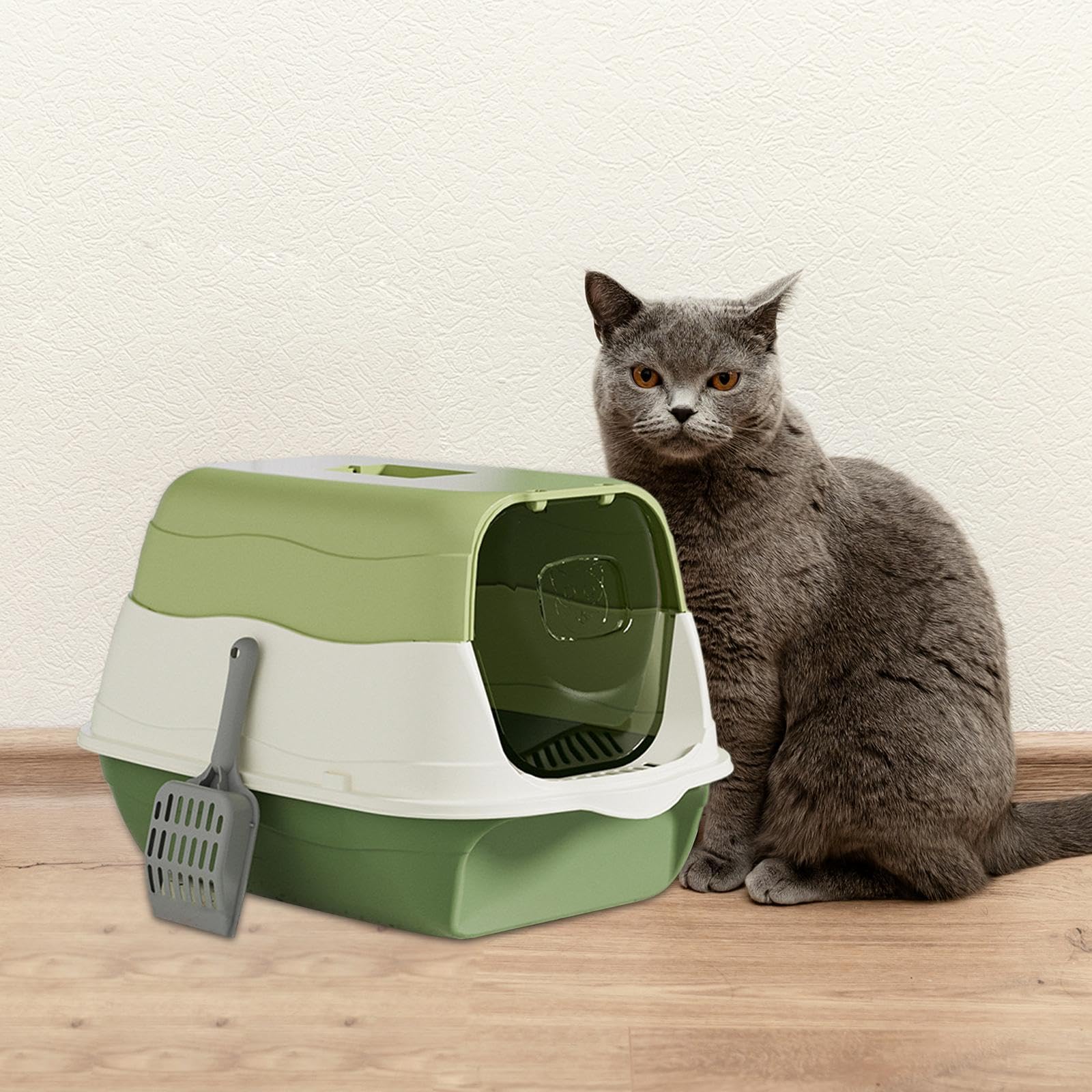 Arenero Grande para Gatos con Bandeja Cerrada, Tapa Y Techo Desmontable para Facilitar La Limpieza. Material Ligero, Ideal para La Cría de Gatos, Verde