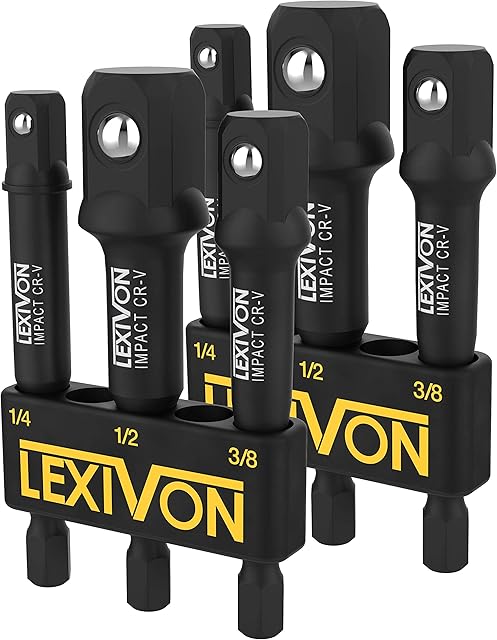 LEXIVON [2-Pack] Impact Grade Socket Adapter Set, 3" Extension Bit with Holder | 3-Piece 1/4", 3/8", and 1/2" Drive, Adapt Your Power Drill to High Torque Impact Wrench (LX-101X2)