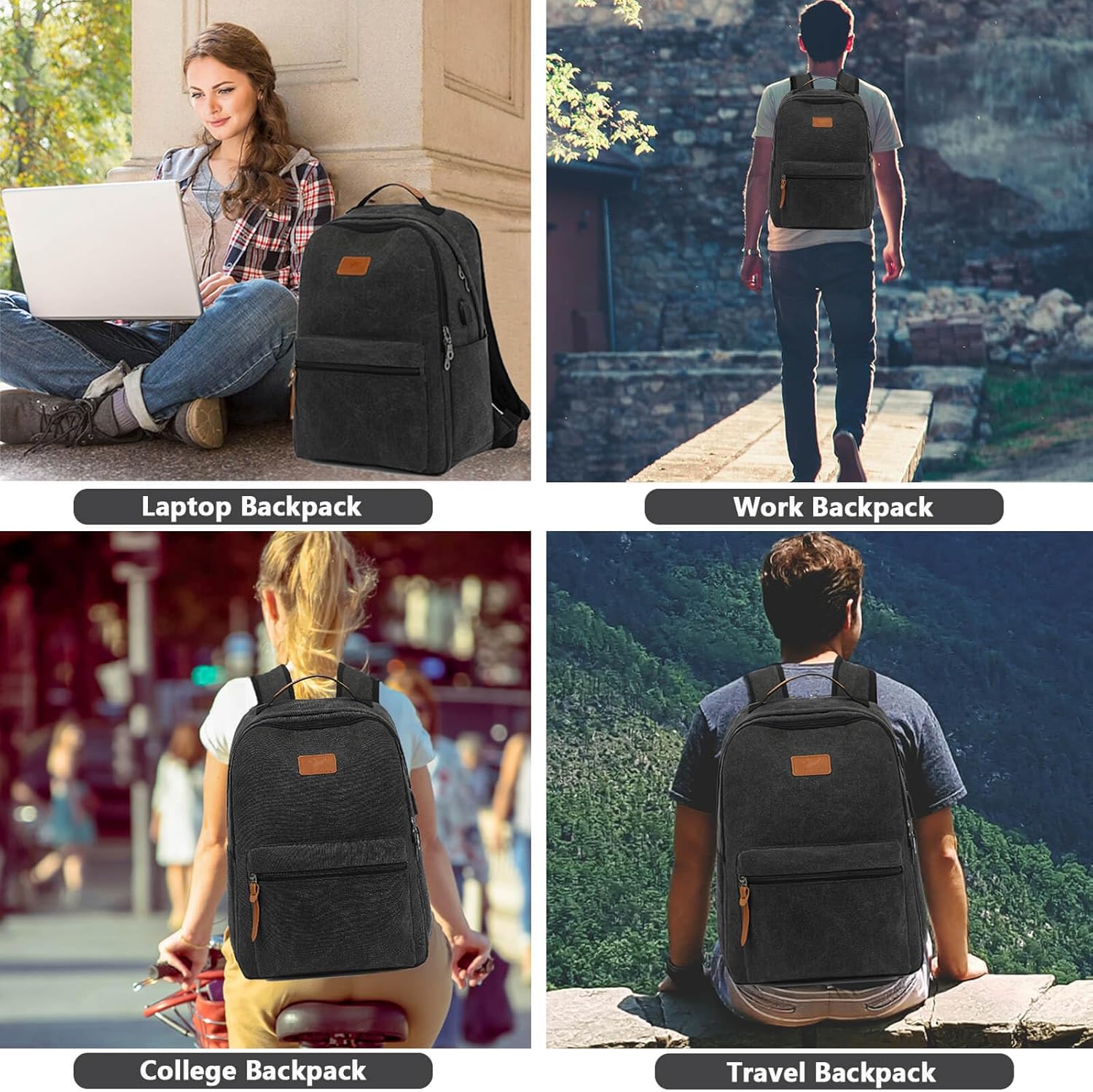 Waterproof Canvas Backpack, Laptop Backpack with USB Charging Port, Vintage Backpacks for College Students, Casual Daypack for Men & Women, Travel Work Backpack Fits 15.6 Inch Laptop, Black