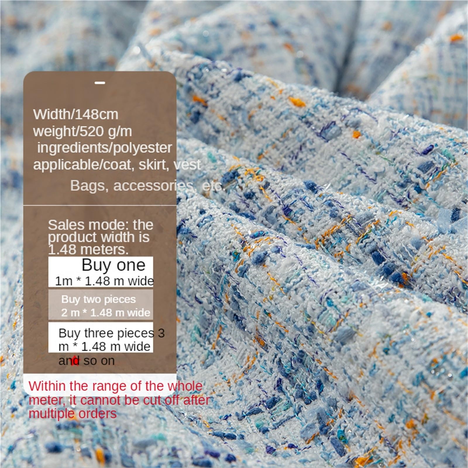 Tradycyjna tkanina tweedowa, Tweed Sewing Fabric Polyester White And Blue 1 Meter By 148cm