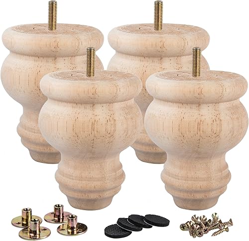 Miniatura 7 de La Vane Patas de madera sin terminar de 8 pulgadas para muebles, 4 piezas de repuesto de husillo torneado de madera maciza con perno M8 pulgadas