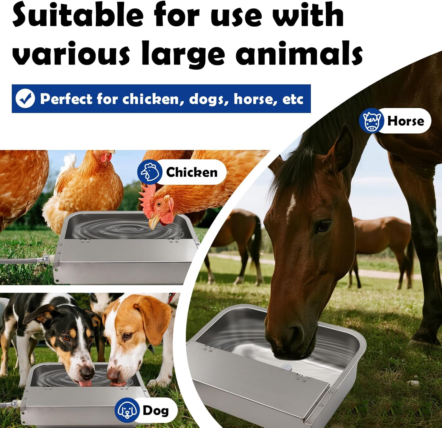 Automatic Water Dispenser for Dogs 2 Gal Stainless Steel Auto Pet Waterer Bowl for Small Animal, Dog, Chicken,Horse, Calf, Goat, with Drainage System, Float Valve, Hose and 3/4'' GHT Quick Connector