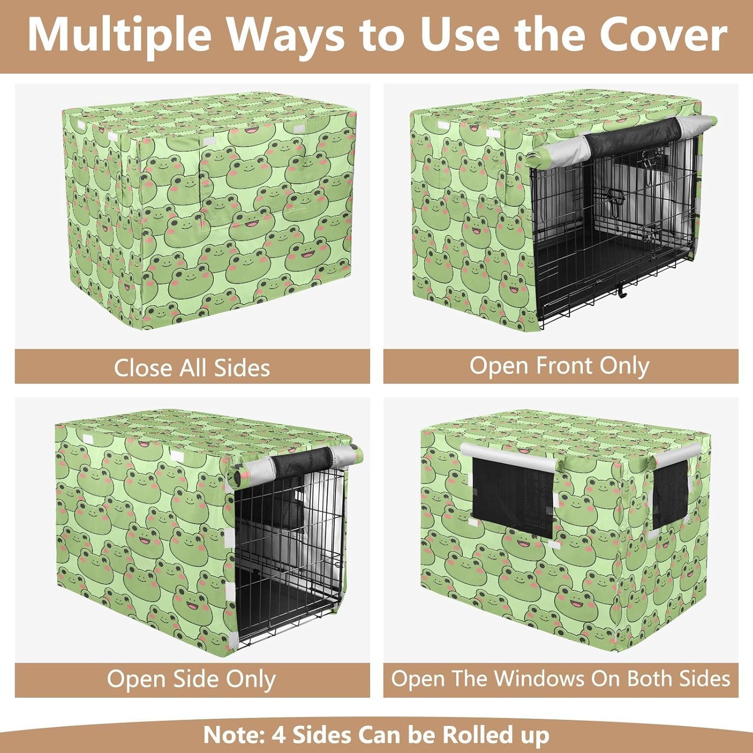 Kawaii Frogs Dog Crate Cover 600D Oxford Pet Kennel Cover with Mesh Window for Dog Cages, Windproof Waterproof Machine Washable, 42"x28"x30"