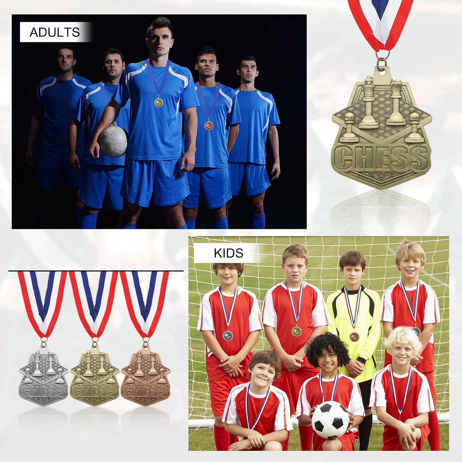 PATIKIL Chess Tournament Table Gold Silver Bronze Award Medals with Red & White & Blue Ribbons, 9 Pcs Winner Medals Prizes for Competitions Sports Party, Gold/Silver/Red