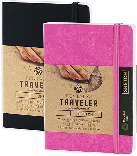 Pentalic Paquete de cuaderno de bocetos de bolsillo de 4 x 6 pulgadas, color negro y rosa brillante