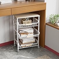 Vista 5 de Cesta de frutas de 4 capas, organizador y estante de alimentos de cocina, carrito de almacenamiento apilable con escritorio, cesta de metal hueco