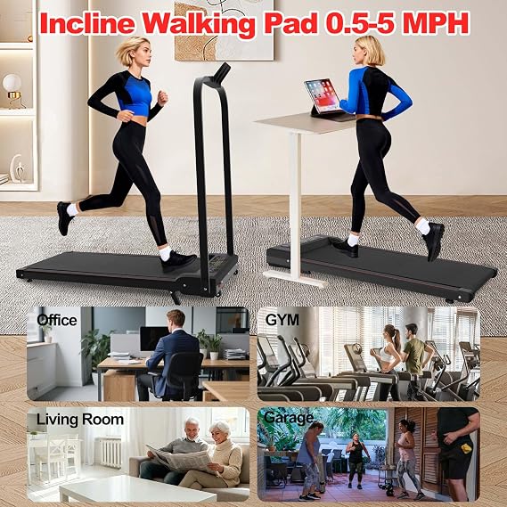 Walking Pad Treadmill with 10% Incline and Handle Bar, 4 in 1 Foldable Under Desk Treadmill with Vibration Pad for Home/Office, 2.0HP Small Portable Compact Treadmills for 300LBS, LED Display