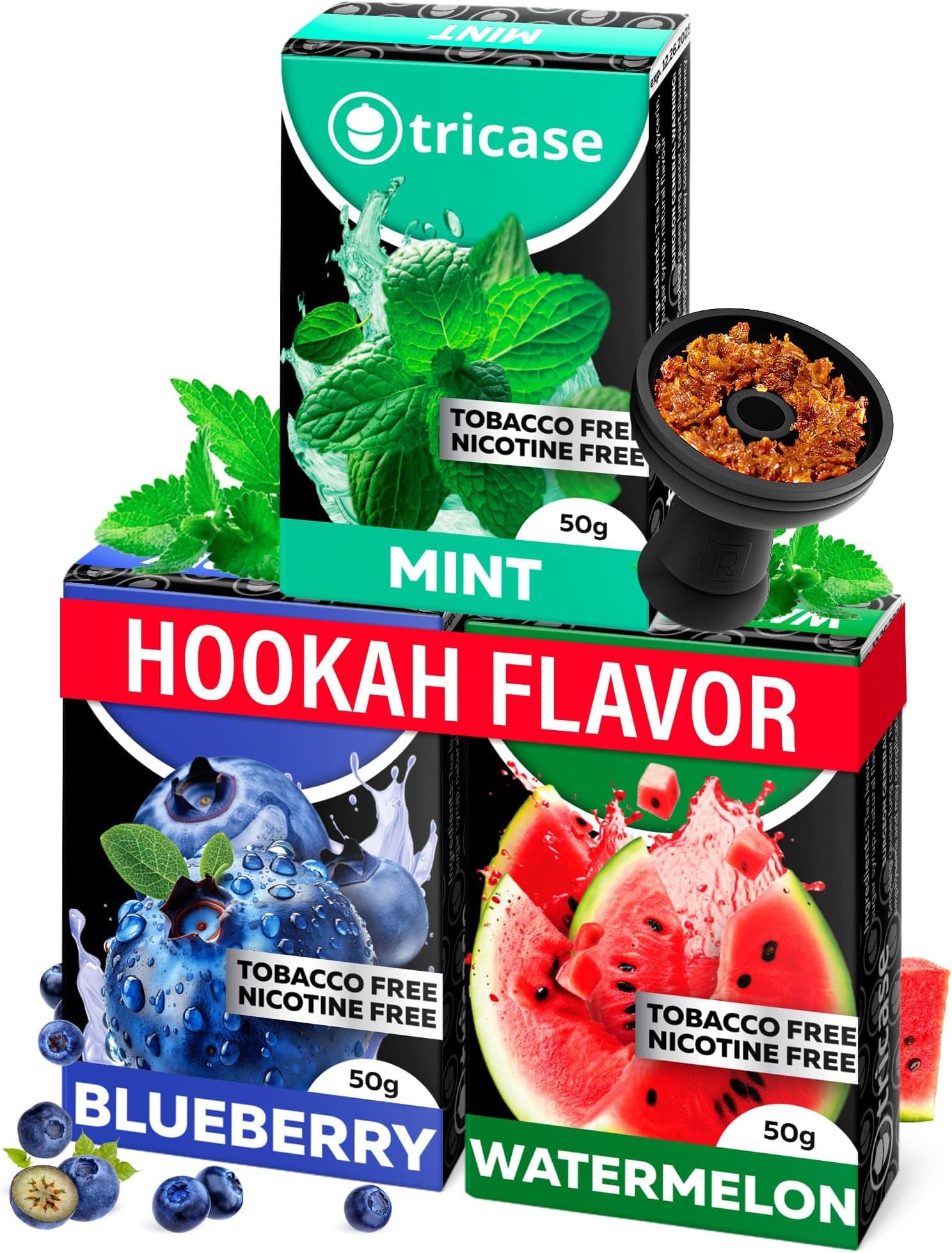 3 pcs Tobacco Free Shisha Hookah Favors Bundle 1.7 oz Each - Blueberry, Watermelon, Mint Hookah Shisha - Hooka Flavors Nicotine Free made from Tea Leaves with Organic Hooka Flavors