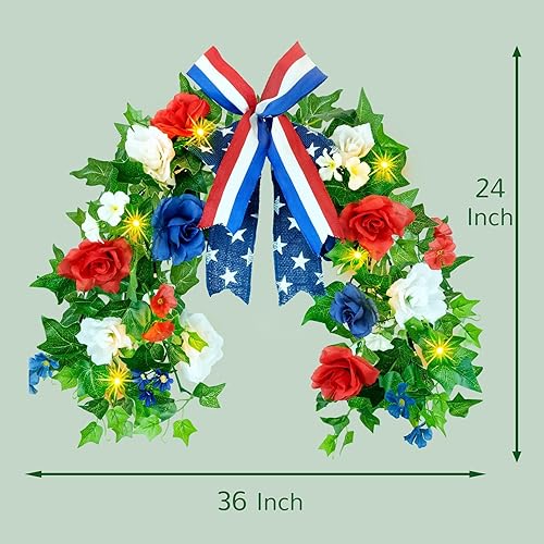 Miniatura 4 de HOSY Rosas rojas, blancas y azules con guirnalda de luces LED alimentadas por energía solar, decoración temática patriótica para el Día de la