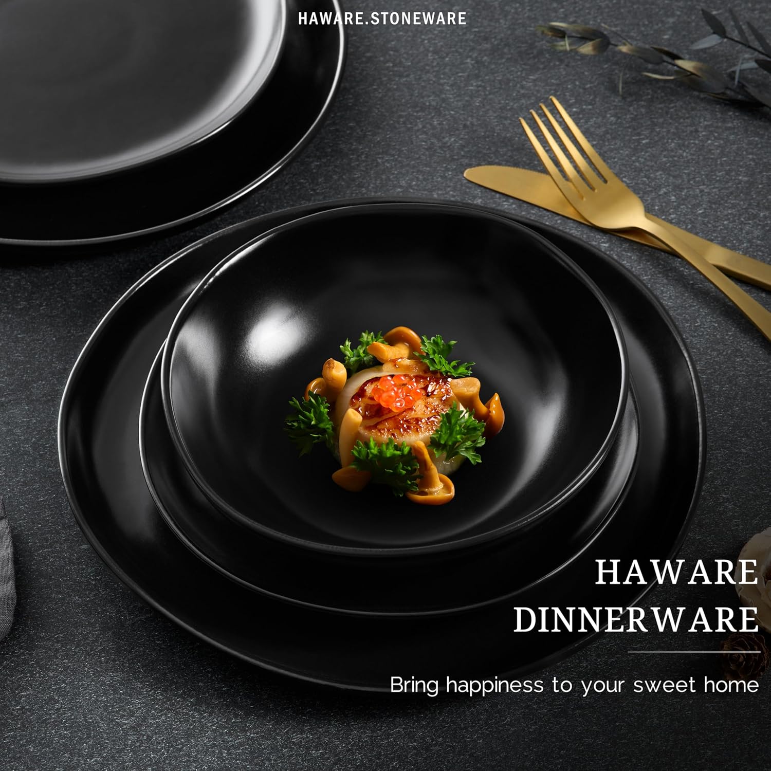 HaWare Dinnerware Sets, 12-Piece Stoneware Plates and Bowls Set, Dish Set for 4, Ceramic Dishware for Home Restaurant, Chip and Scratch Resistant, Microwave and Dishwasher Safe, Matte Black - Image 6