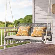 DORTALA Hanging Porch Swing, 2 Person Outdoor Wicker Rattan Swing Chair Bench with Cushion, Ropes for Patio, Garden, Backyard, Mix Brown+Red