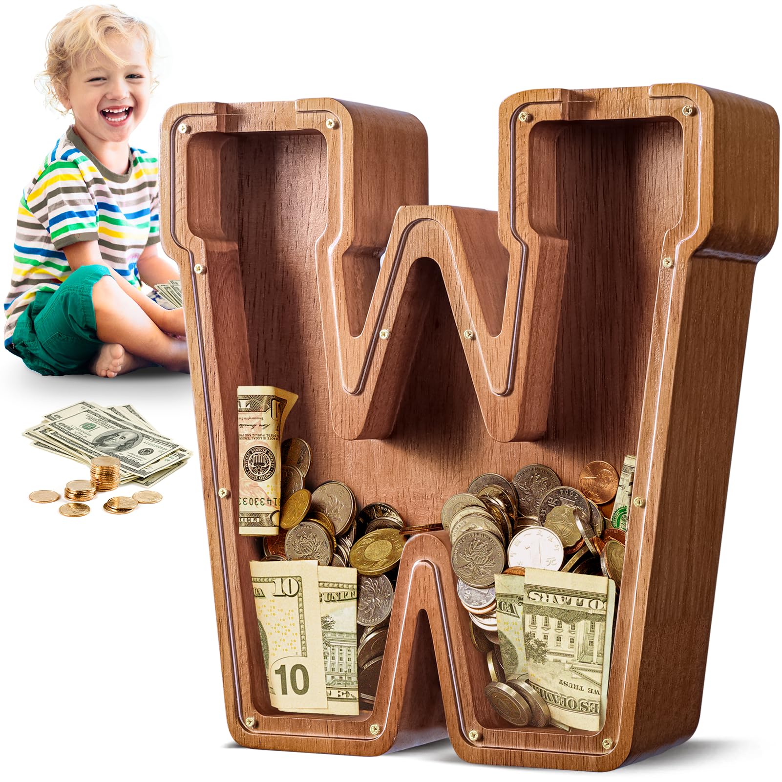 Summidate Salvadanaio con lettera in legno per bambini, A-Z lettera banca dei soldi personalizzato per bambini e bambine | Regalo di compleanno con banca di monete per bambini