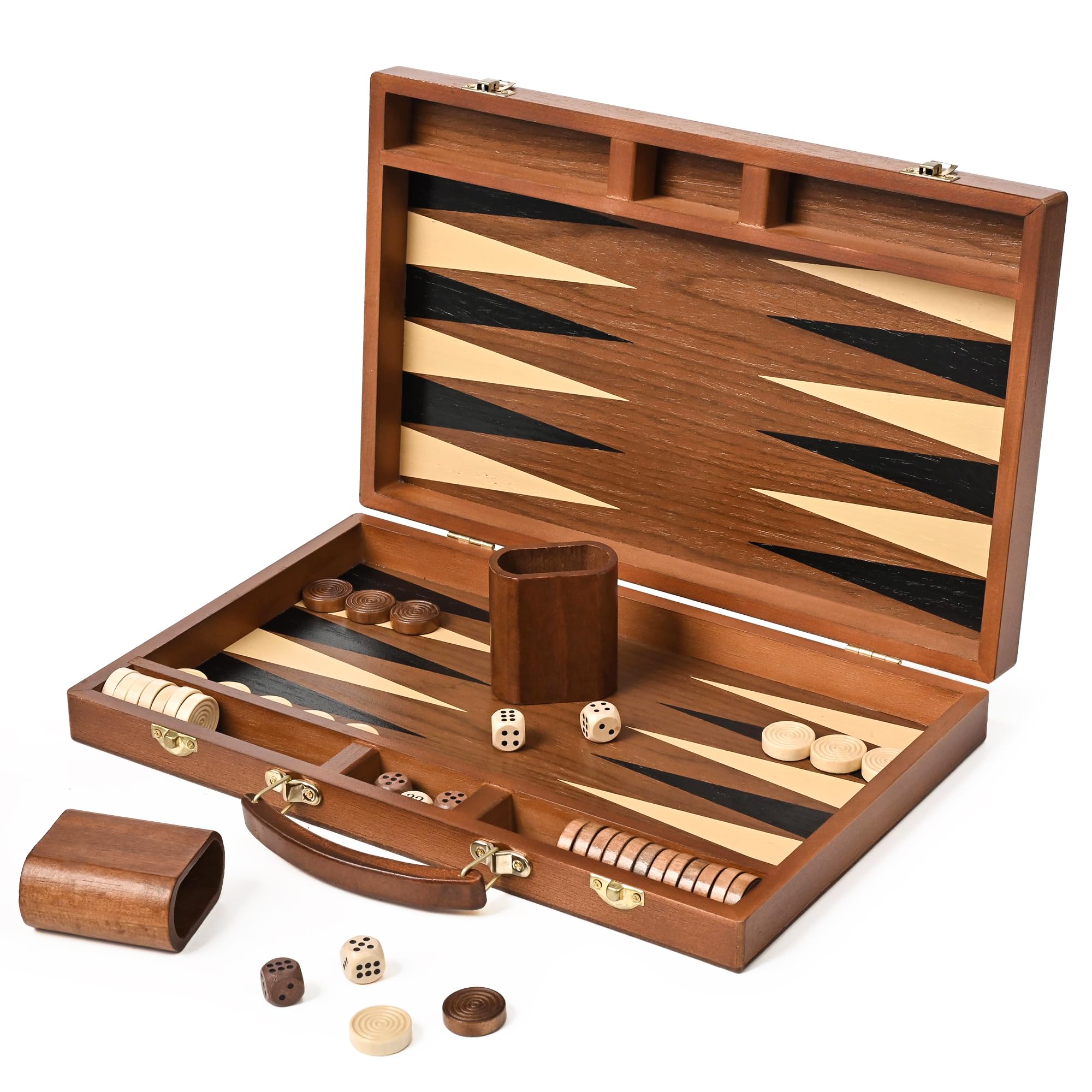 ropoda Sapele Wood Backgammon Board Game Set (15 Inches) for Adults and Kids - Classic Board Strategy Game - Portable and Travel Backgammon Set with Wooden Playing Pieces and Accessories