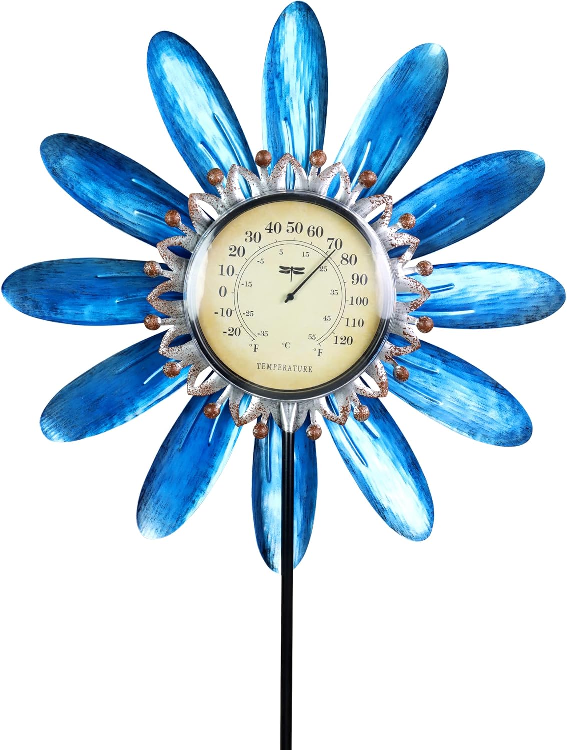 Exhart Wind Spinner, Blue Flower Spinning Garden Stake with Thermometer, Kinetic Wind Powered Metal Outdoor Lawn Decor and Yard Art, 17.5 x 2.5 x 50 Inch