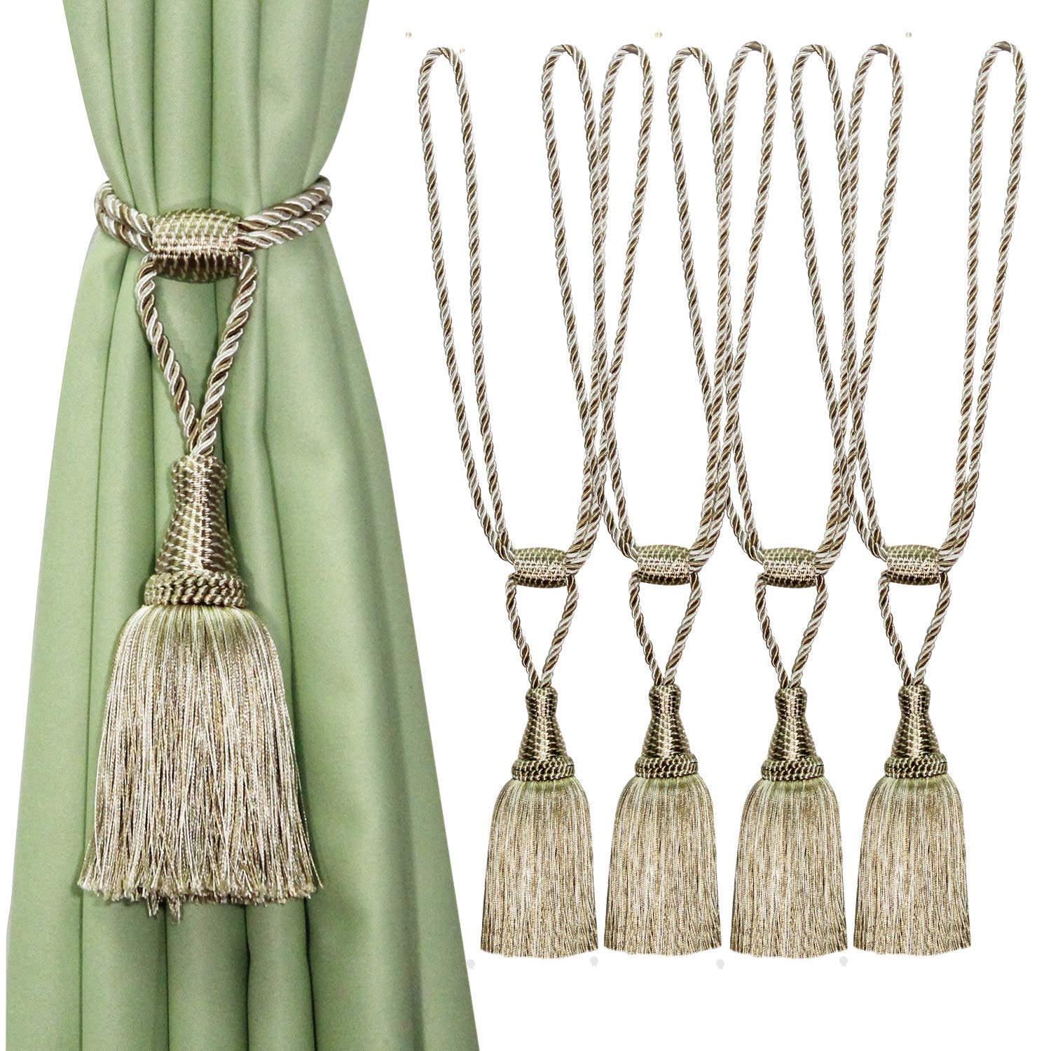 Tassel Curtain Tiebacks， Braided Rope Curtain Tiebacks 4 Pack with Tassels Multicolor Home Decor(Beige)
