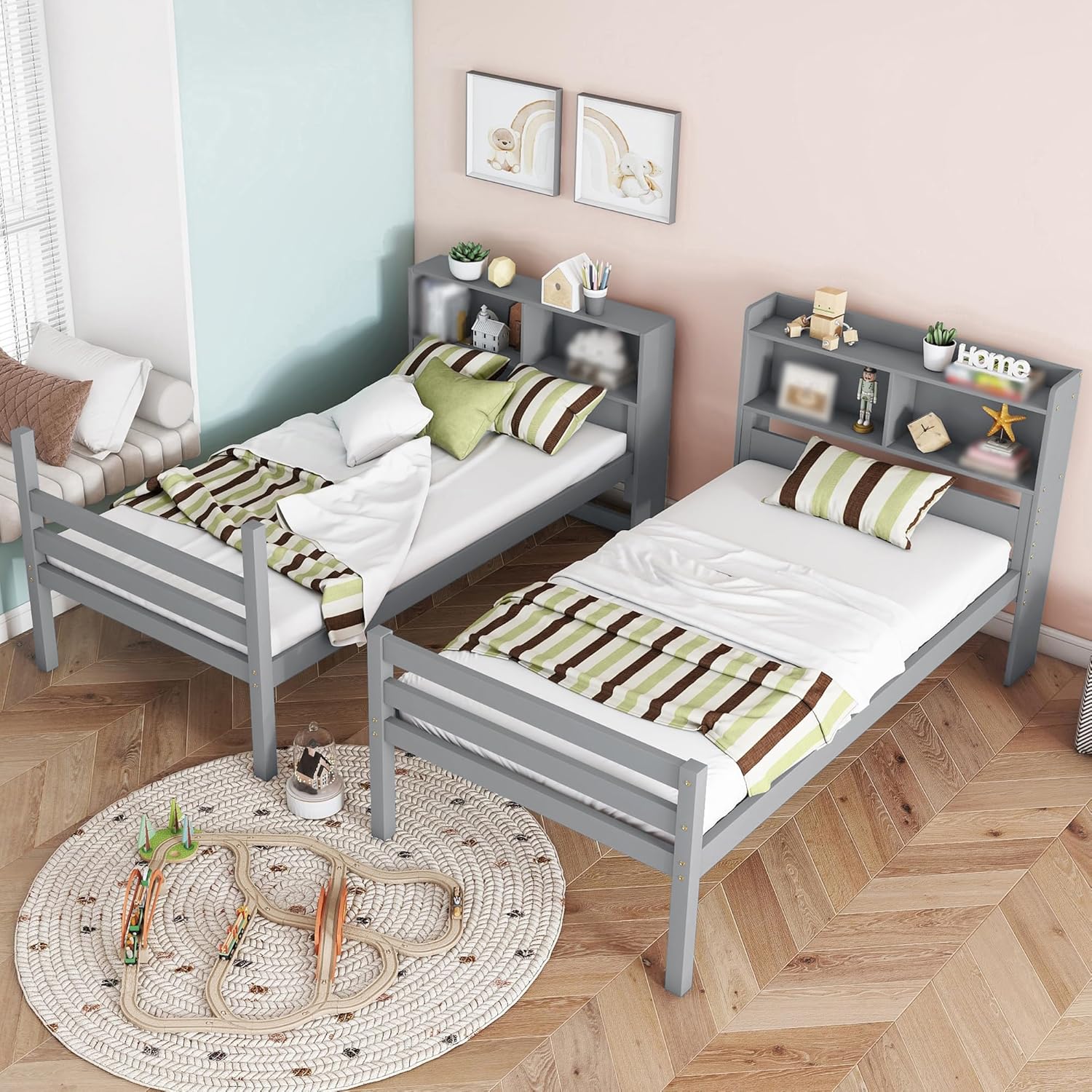 Twin Over Twin Bunk Bed, Modern Wooden Bunk Bed with Storage Bookcase Headboard, Safety Guardrails and Ladder, 2-in-1 Convertible Platform Bed Frames, Space-Saving Design, No Box Spring Needed, Grey