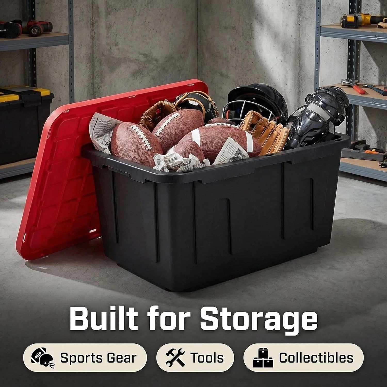 27 Gal Industrial Tote,Pack of 2 red Plastic storage bins with lids for Garage, Basement, or Outdoor,Heavy Duty storage Totes,Black with Red Lid,Stackable & Nestable