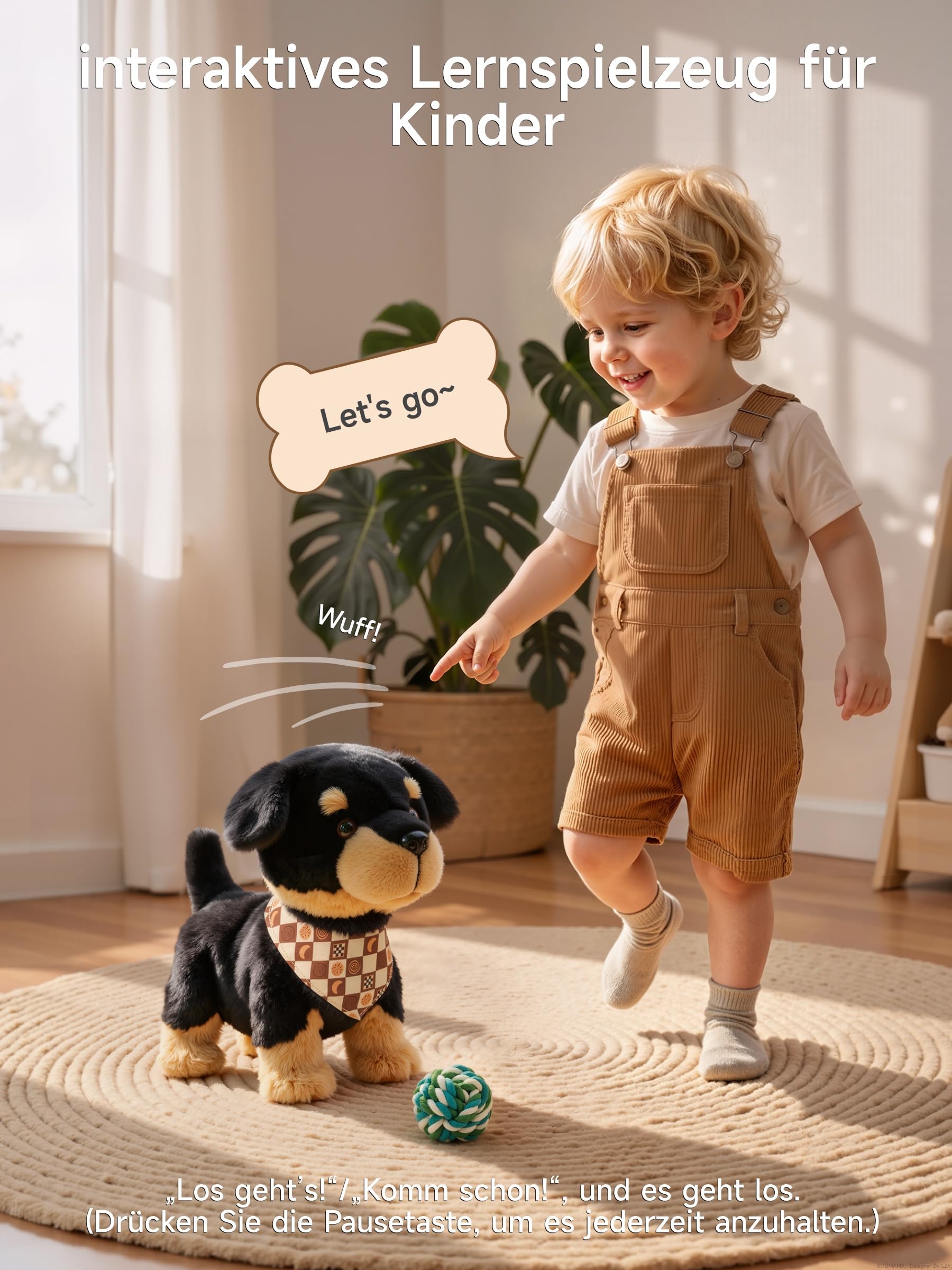 OR OR TU Sprachgesteuerte Hund Spielzeug Kinder Plüsch Hunde | Rottweiler, Singen, Bellen, Laufen und Sich Hinsetzen, hautfreundliches Material, für Kinder ab 2 Jahren, Geschenk