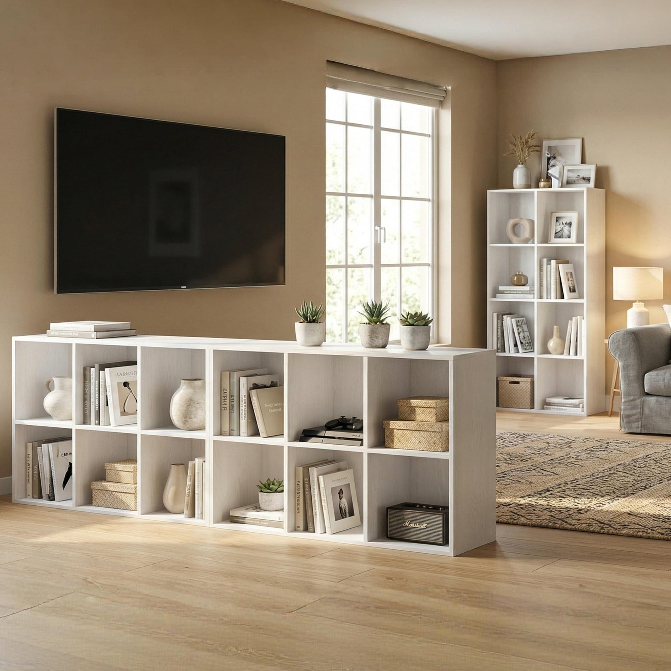 Bücherregal Würfelregal aus Holz mit 12 Fächern, Bücherschrank Standregal mit Geschlossener Rückwand, Aufbewahrungsregal & Raumteiler für Kinderzimmer Wohnzimmer Schlafzimmer Büro, Weiß